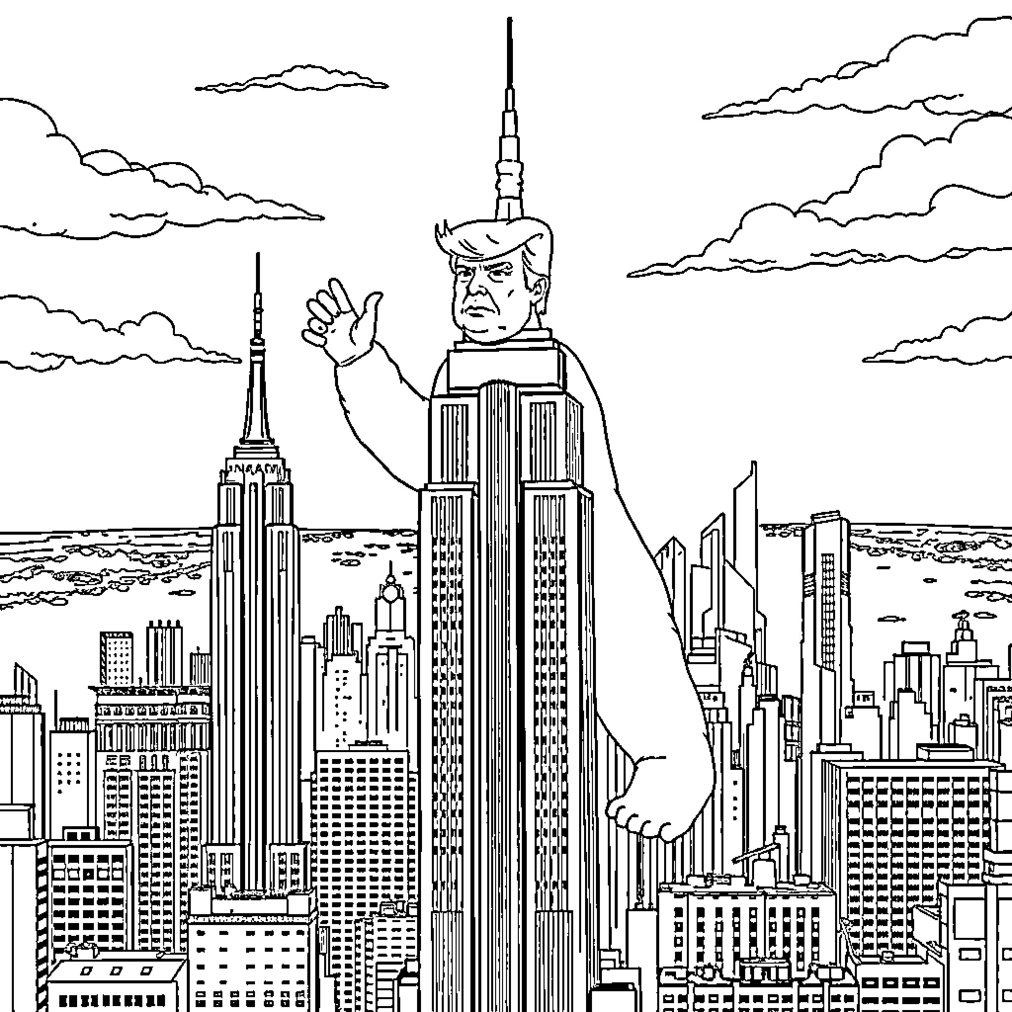 Trump towers over New York City skyline Coloring Page (free black-and-white line drawing printable PDF for all, from beginners to advanced learners, including children, teens, adults, and seniors)