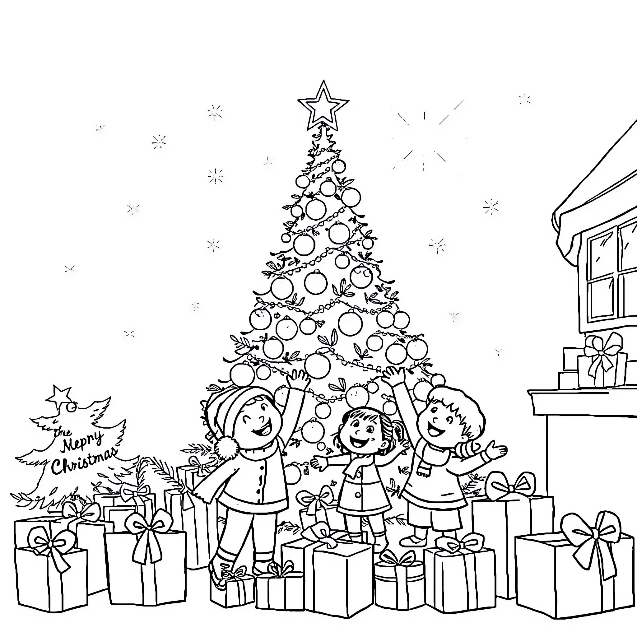 Kid celebrating joyful Christmas with friends Coloring Page (free black-and-white line drawing printable PDF for all, from beginners to advanced learners, including children, teens, adults, and seniors)