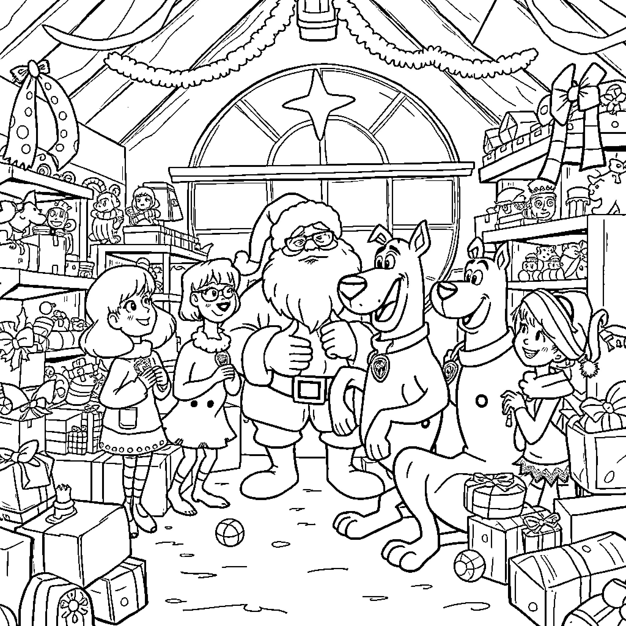Scooby Gang celebrates Christmas with Santa Claus Coloring Page (free black-and-white line drawing printable PDF for all, from beginners to advanced learners, including children, teens, adults, and seniors)