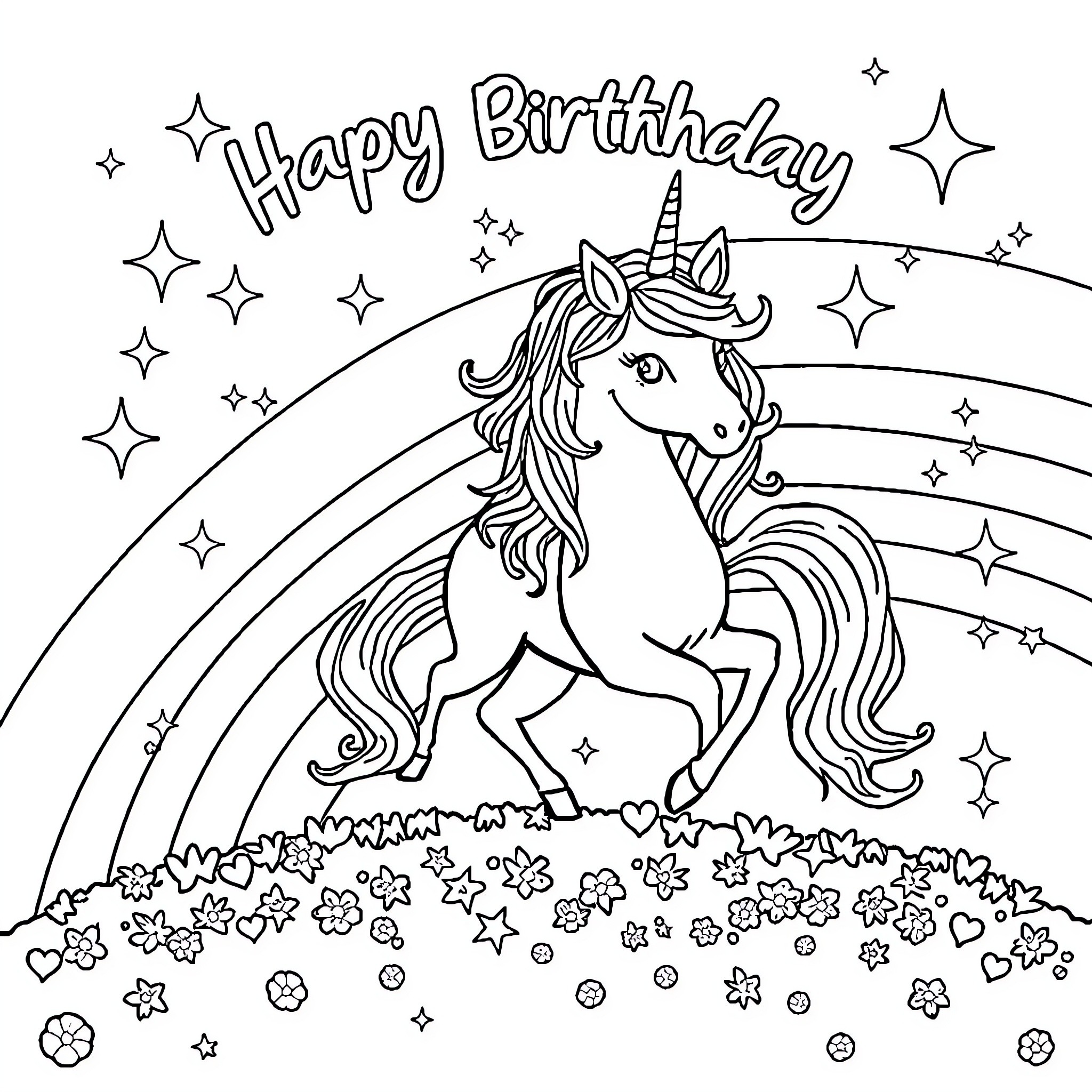 Unicorn celebrating a Happy Birthday in a magical setting Coloring Page (free black-and-white line drawing printable PDF for all, from beginners to advanced learners, including children, teens, adults, and seniors)