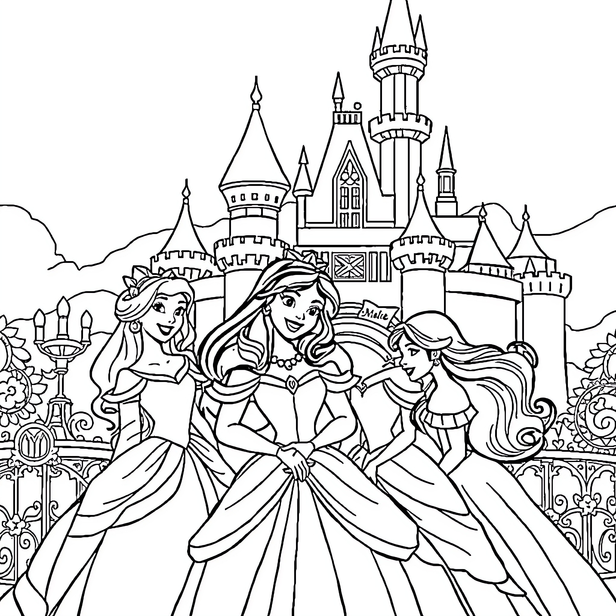 Disney Princess Joyful Gathering at Castle Coloring Page (free black-and-white line drawing printable PDF for all, from beginners to advanced learners, including children, teens, adults, and seniors)