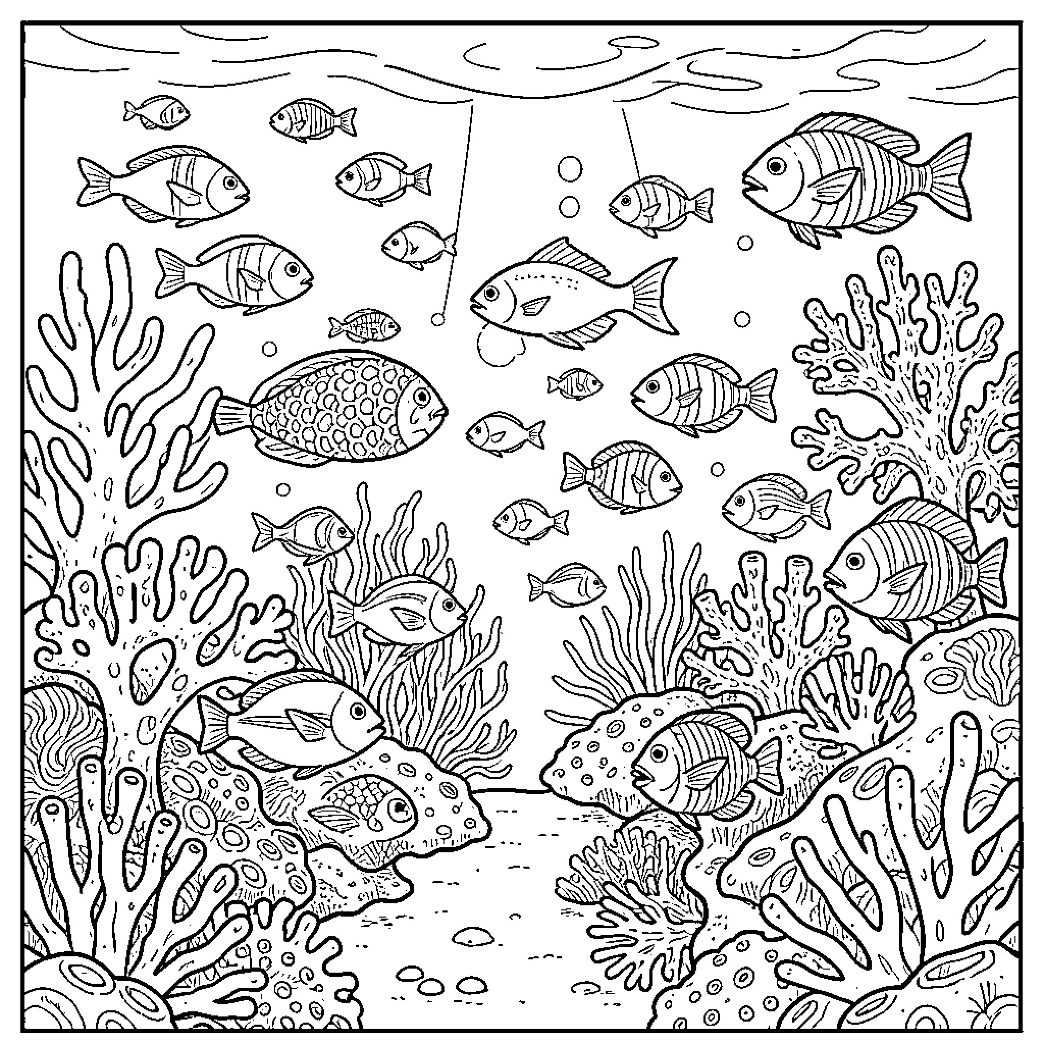 Coral reef teeming with various swimming fish Coloring Page (free black-and-white line drawing printable PDF for all, from beginners to advanced learners, including children, teens, adults, and seniors)