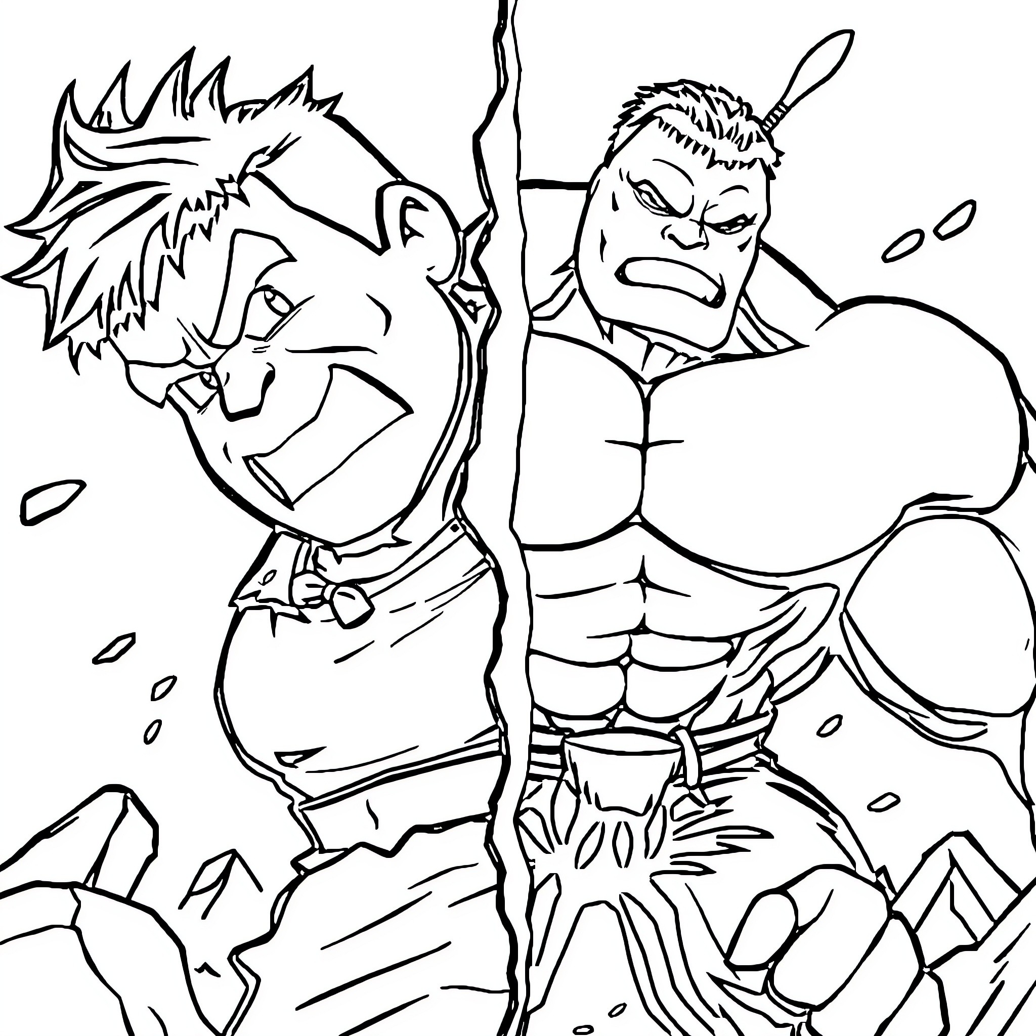 Frank's Furious Fighters in Epic Battle Pose Coloring Page (free black-and-white line drawing printable PDF for all, from beginners to advanced learners, including children, teens, adults, and seniors)