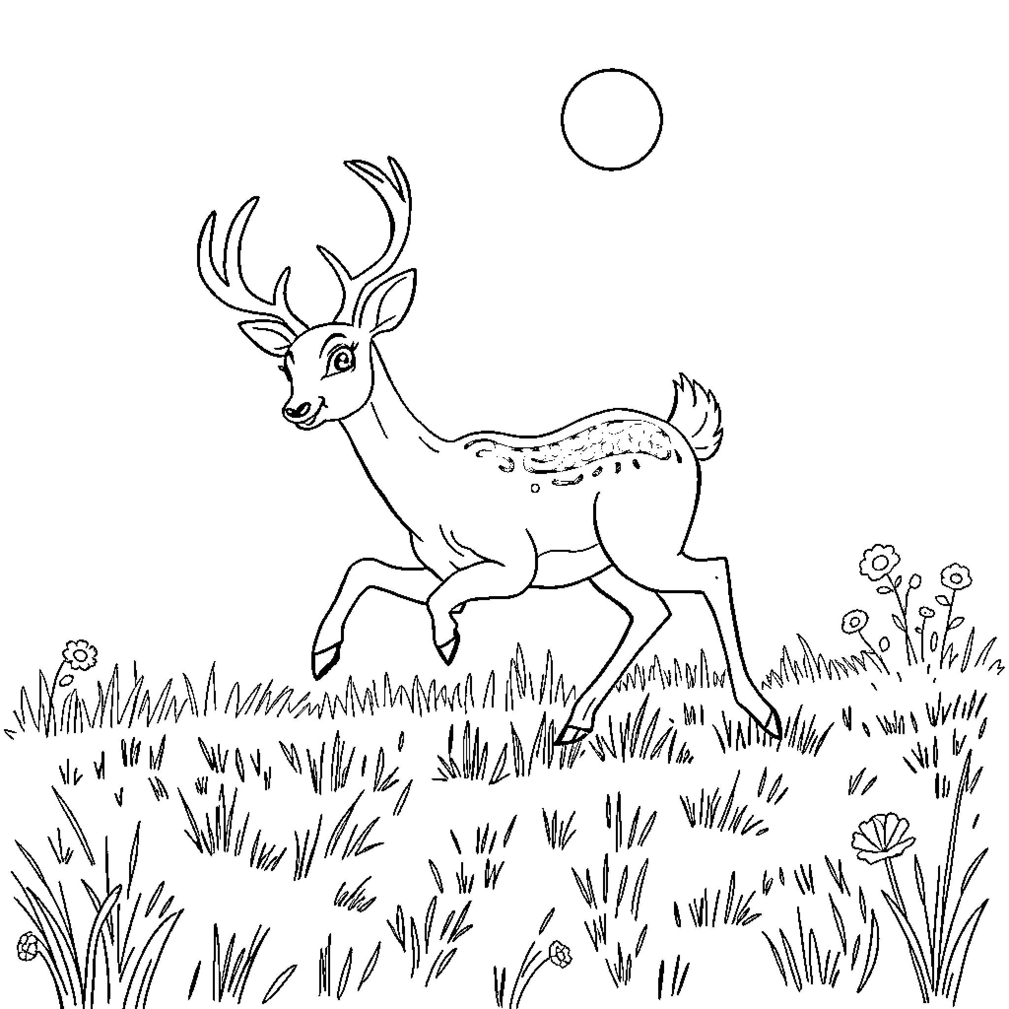 Deer running through grassy field Coloring Page (free black-and-white line drawing printable PDF for all, from beginners to advanced learners, including children, teens, adults, and seniors)