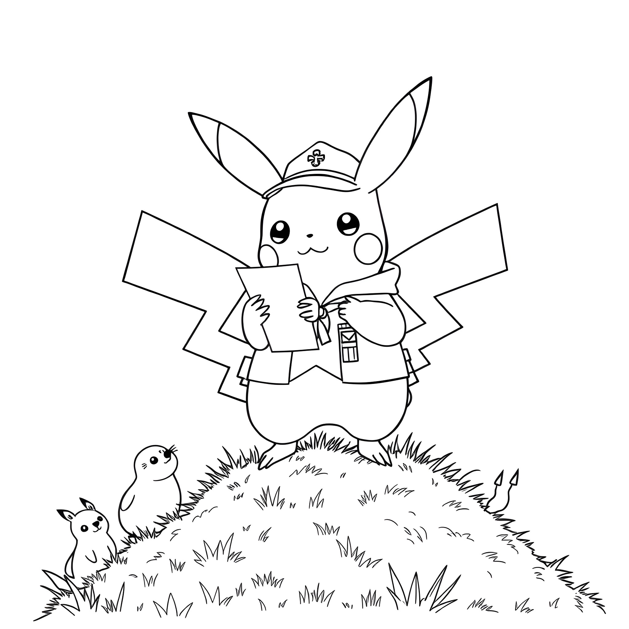 Pikachu as a park ranger exploring the outdoors Coloring Page (free black-and-white line drawing printable PDF for all, from beginners to advanced learners, including children, teens, adults, and seniors)