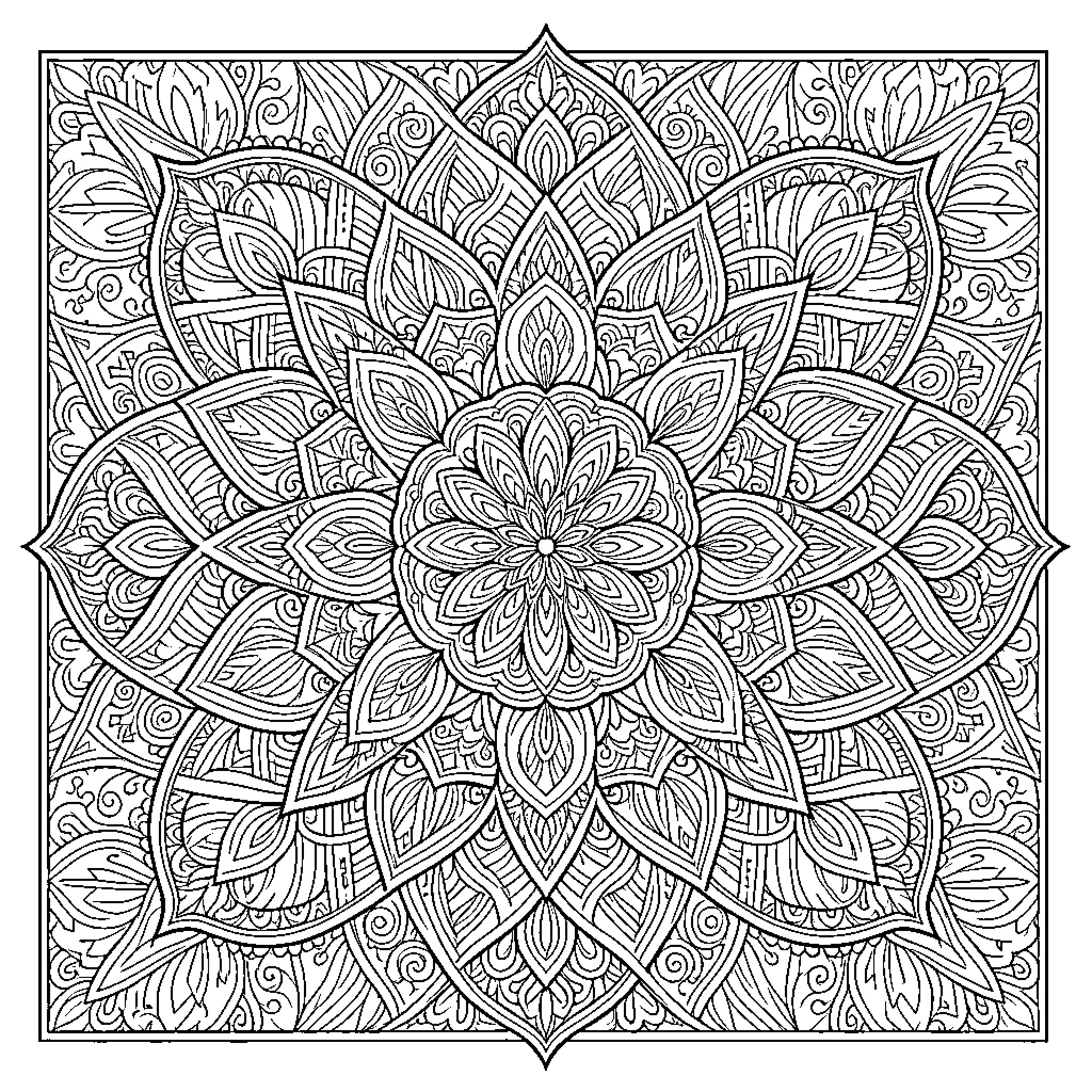 Mandala of Intricate Floral Patterns Coloring Page (free black-and-white line drawing printable PDF for all, from beginners to advanced learners, including children, teens, adults, and seniors)