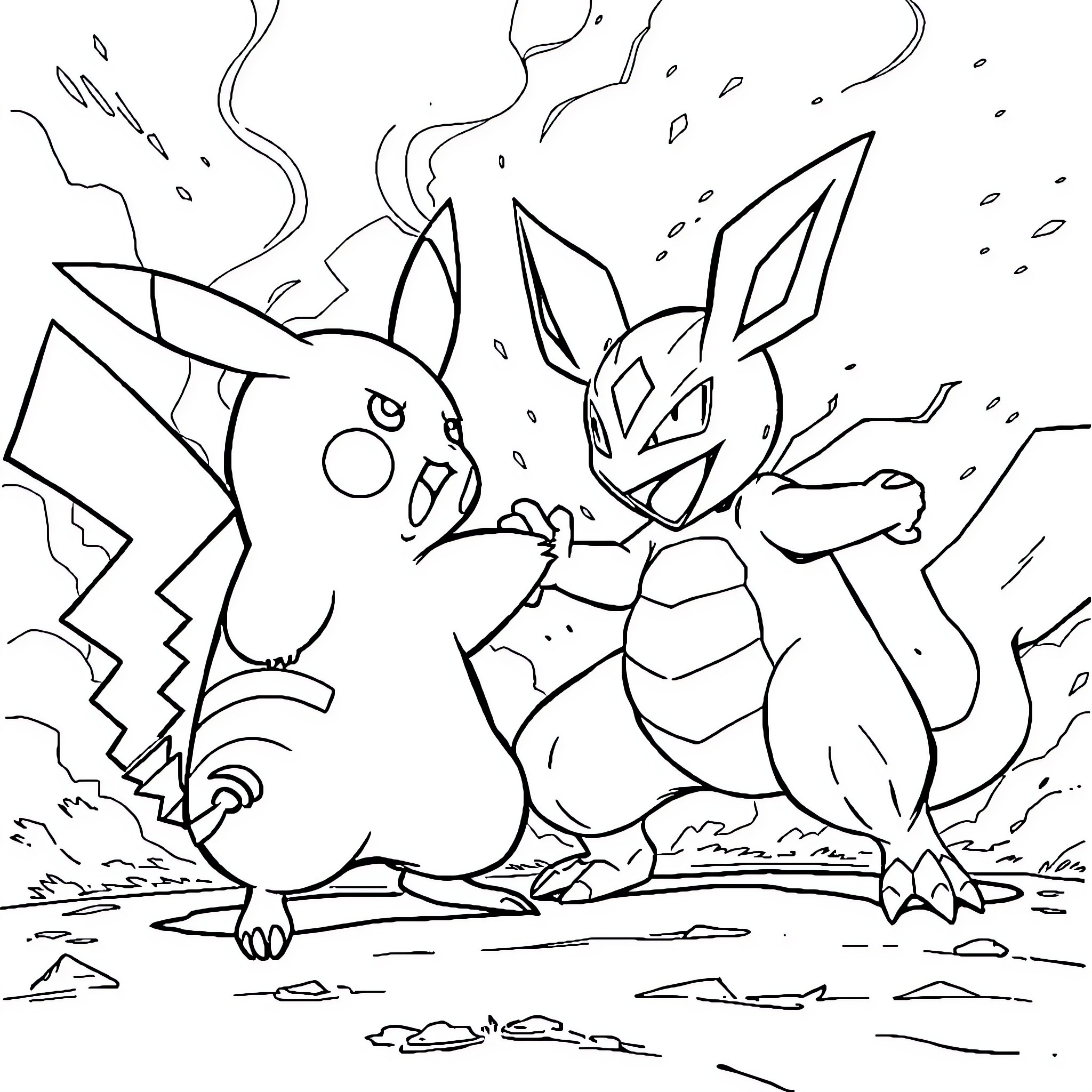 Pikachu and Raichu battling fiercely Coloring Page (free black-and-white line drawing printable PDF for all, from beginners to advanced learners, including children, teens, adults, and seniors)
