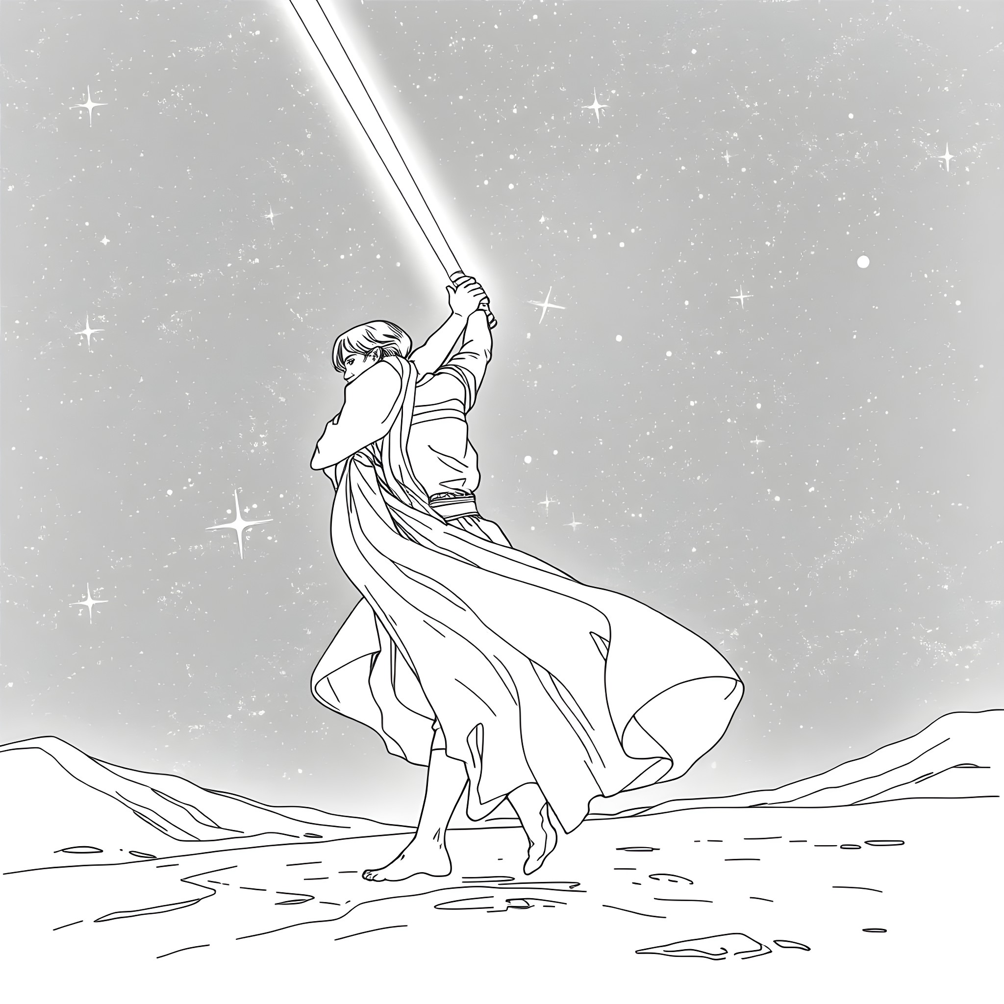 Luke Skywalker fighting with a lightsaber in the snow Coloring Page (free black-and-white line drawing printable PDF for all, from beginners to advanced learners, including children, teens, adults, and seniors)