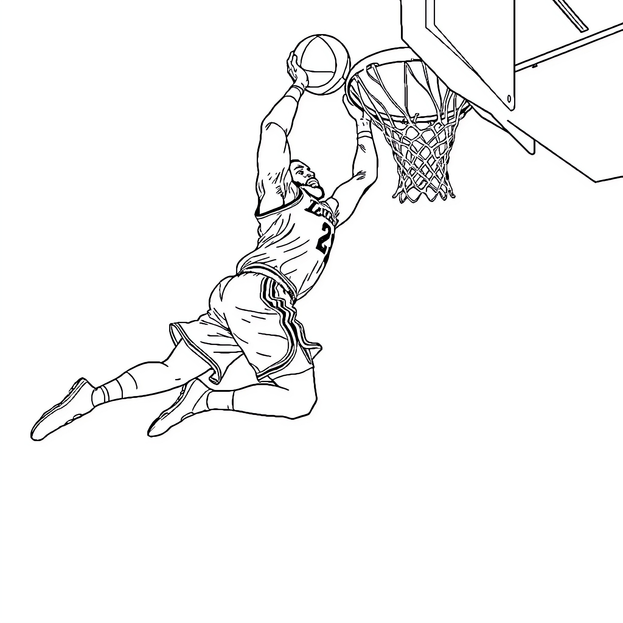 LeBron James Performing Powerful Dunk Coloring Page (free black-and-white line drawing printable PDF for all, from beginners to advanced learners, including children, teens, adults, and seniors)