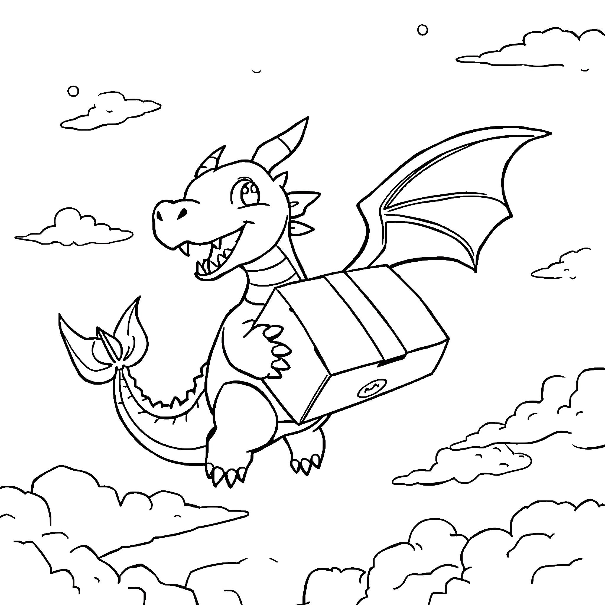 Dragon flying happily in the sky Coloring Page (free black-and-white line drawing printable PDF for all, from beginners to advanced learners, including children, teens, adults, and seniors)
