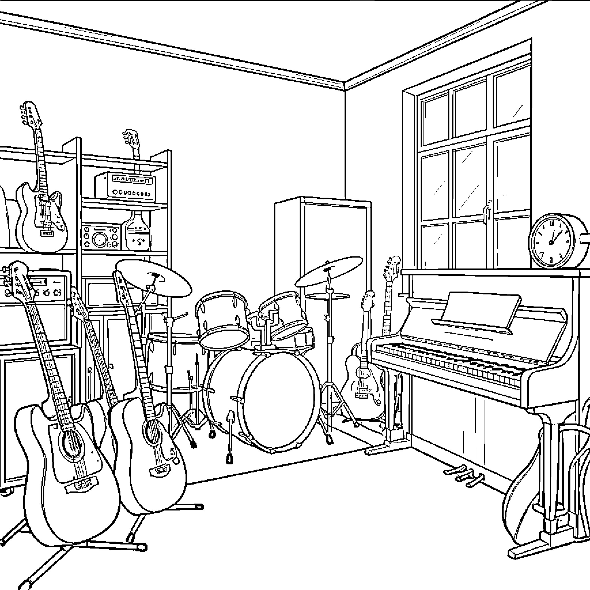 Musical Instrument collection inside a cozy music room Coloring Page (free black-and-white line drawing printable PDF for all, from beginners to advanced learners, including children, teens, adults, and seniors)