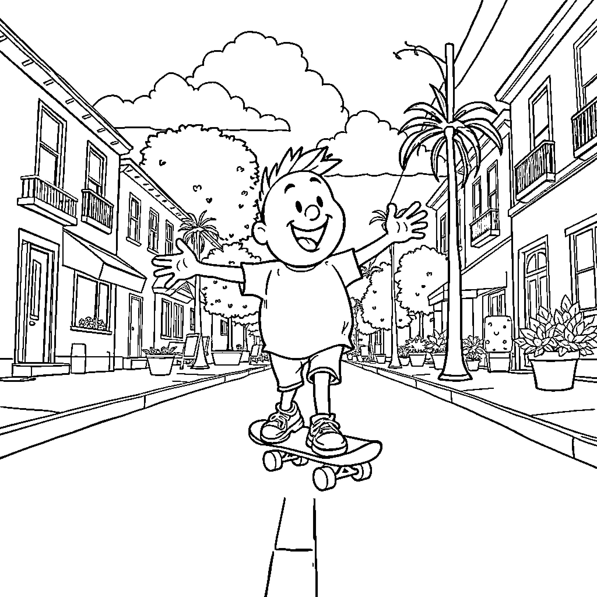 Sam skating happily down the city street Coloring Page (free black-and-white line drawing printable PDF for all, from beginners to advanced learners, including children, teens, adults, and seniors)