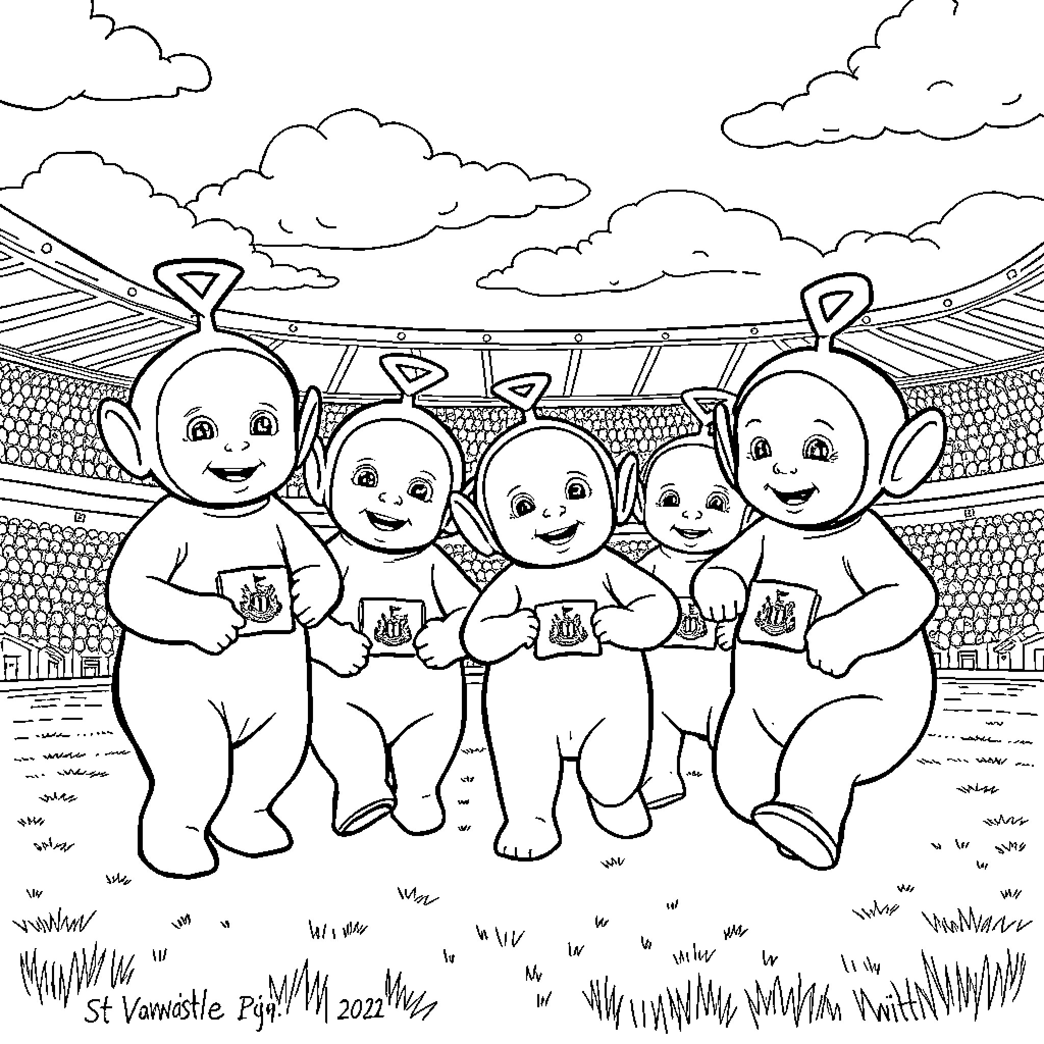 Teletubbies playing happily in the meadow Coloring Page (free black-and-white line drawing printable PDF for all, from beginners to advanced learners, including children, teens, adults, and seniors)