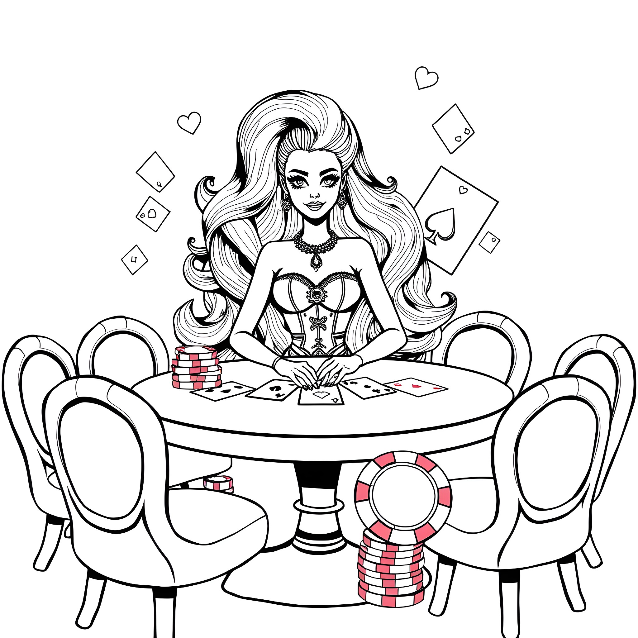 Barbie Playing Poker in Casino Coloring Page (free black-and-white line drawing printable PDF for all, from beginners to advanced learners, including children, teens, adults, and seniors)