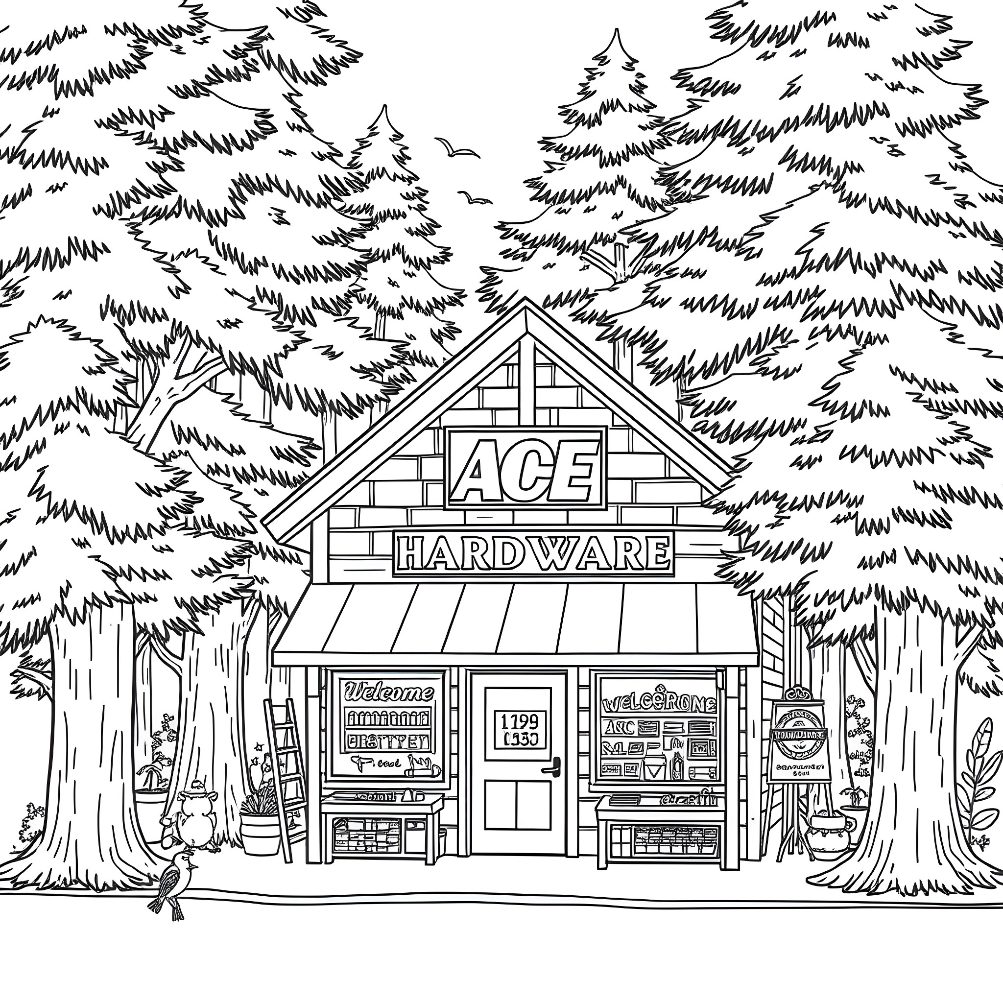 Ace Hardware store in a cozy forest setting Coloring Page (free black-and-white line drawing printable PDF for all, from beginners to advanced learners, including children, teens, adults, and seniors)