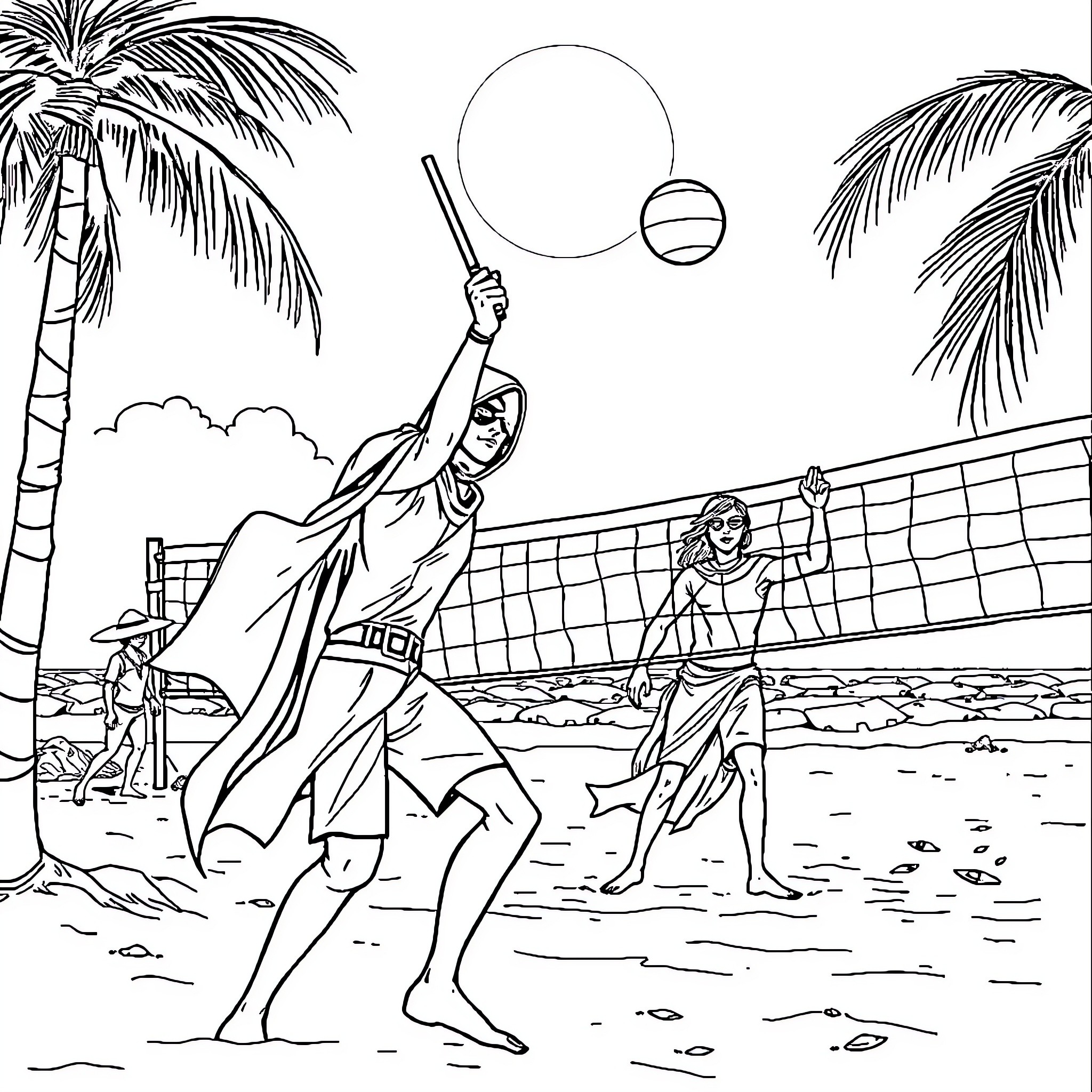Zorro's beach volleyball match under the sun Coloring Page (free black-and-white line drawing printable PDF for all, from beginners to advanced learners, including children, teens, adults, and seniors)