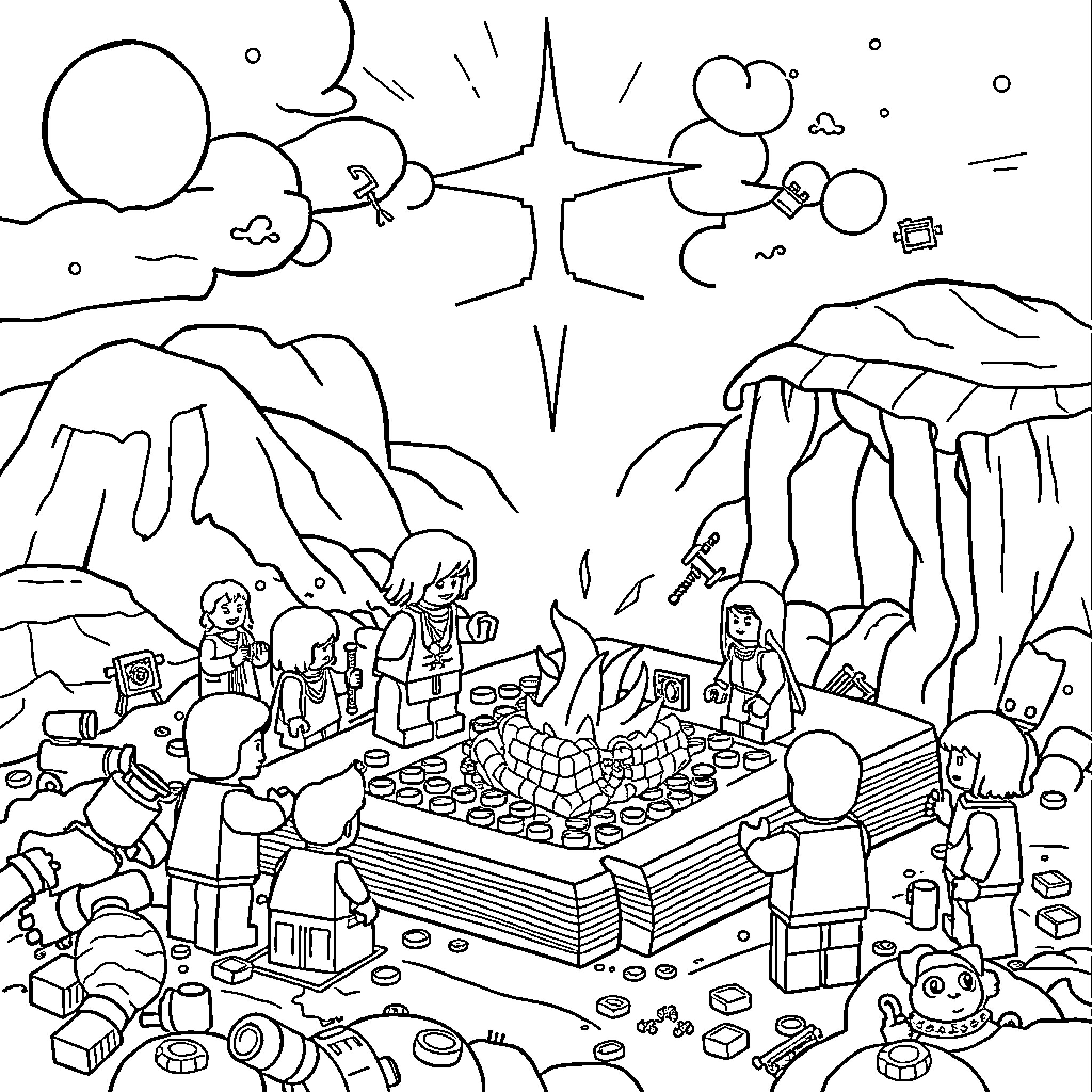 Lego characters exploring mysterious Lego landscape Coloring Page (free black-and-white line drawing printable PDF for all, from beginners to advanced learners, including children, teens, adults, and seniors)