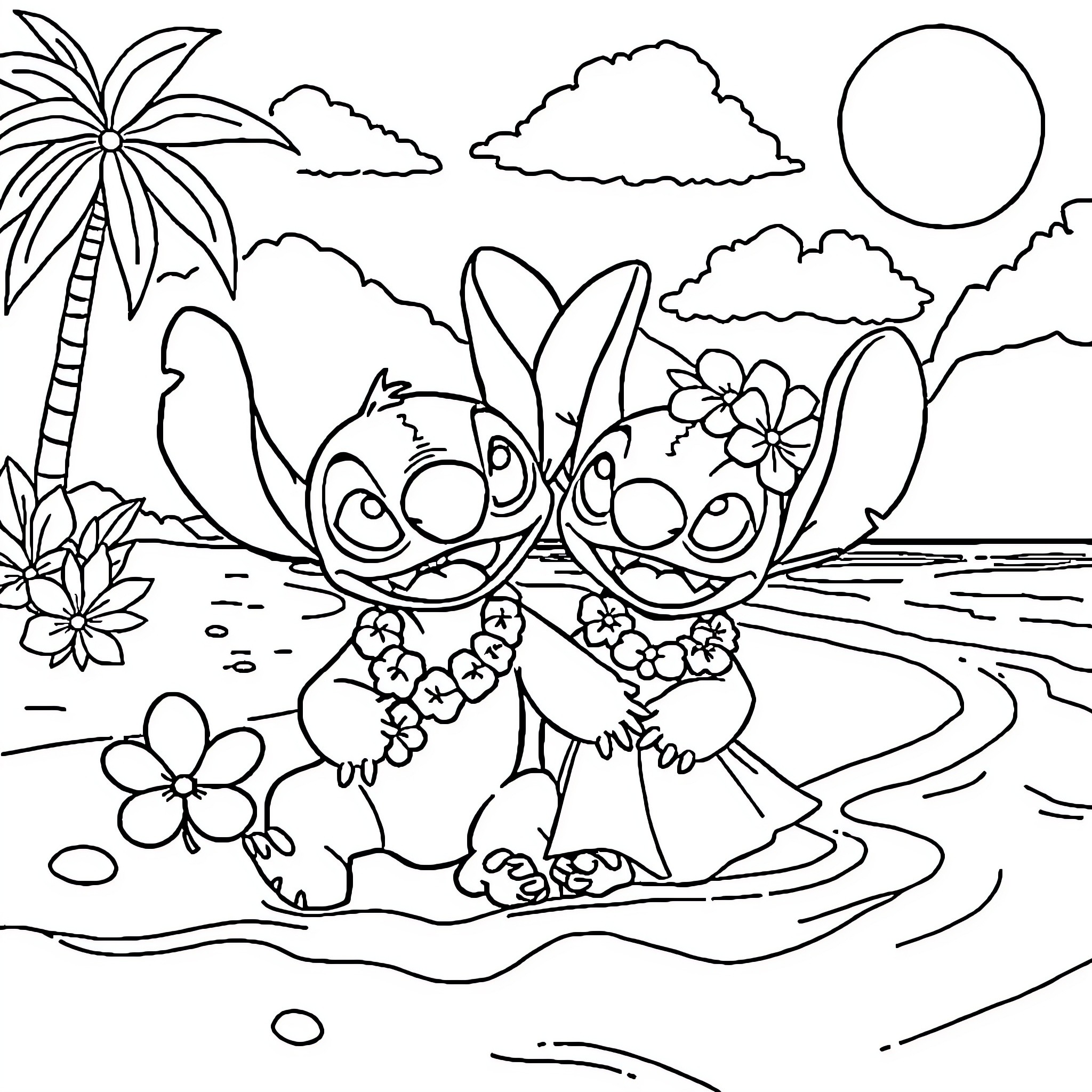 Lilo And Stitch Enjoying Tropical Beach Adventure Coloring Page (free black-and-white line drawing printable PDF for all, from beginners to advanced learners, including children, teens, adults, and seniors)