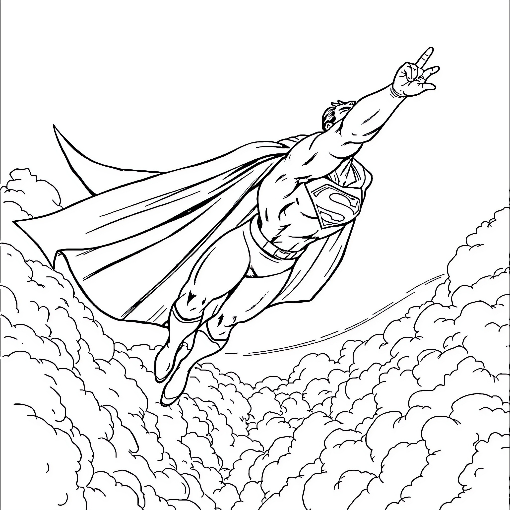 Superman soaring through the clouds with outstretched arms Coloring Page (free black-and-white line drawing printable PDF for all, from beginners to advanced learners, including children, teens, adults, and seniors)