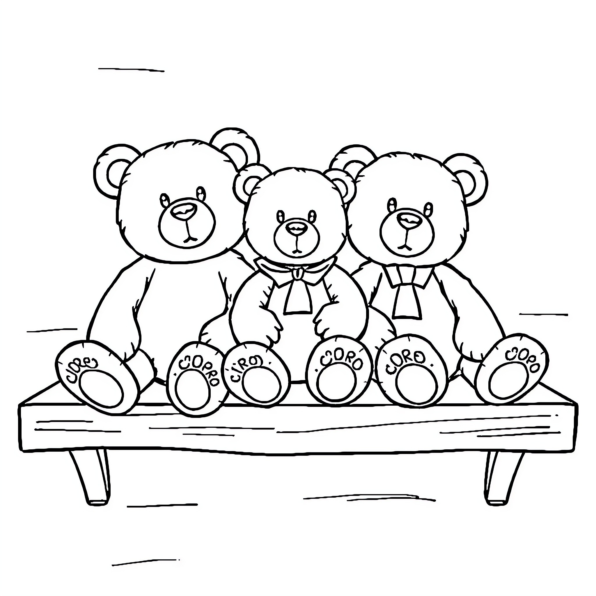Bear Plushies Sitting on Bench Coloring Page (free black-and-white line drawing printable PDF for all, from beginners to advanced learners, including children, teens, adults, and seniors)