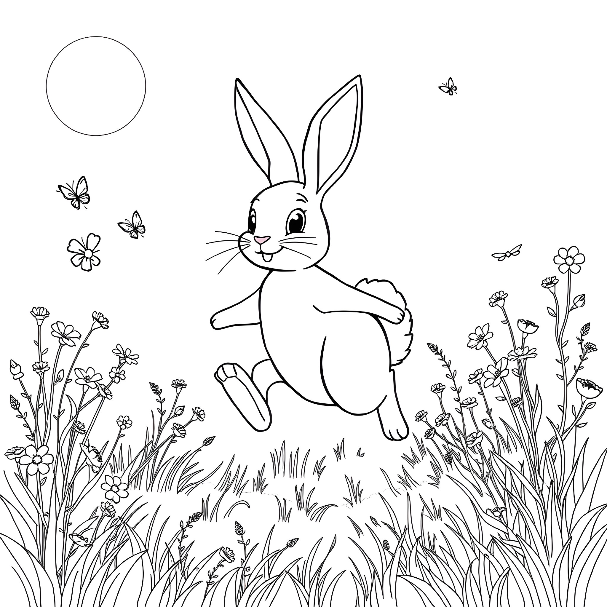 Bunny hopping through a floral meadow Coloring Page (free black-and-white line drawing printable PDF for all, from beginners to advanced learners, including children, teens, adults, and seniors)