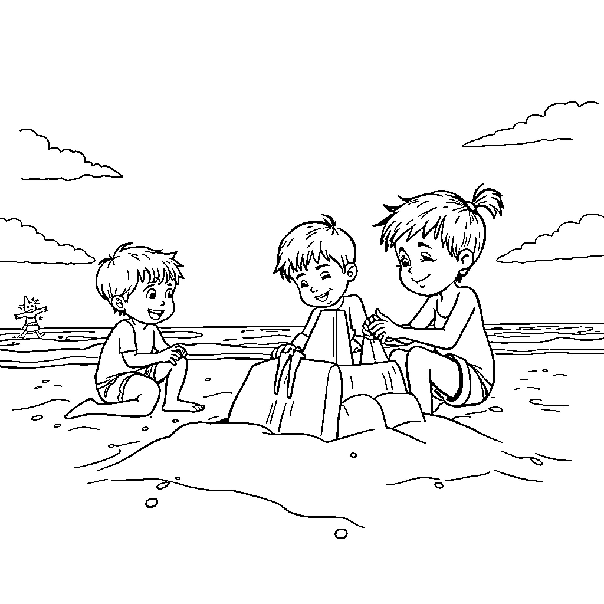 Children playing happily on the beach Coloring Page (free black-and-white line drawing printable PDF for all, from beginners to advanced learners, including children, teens, adults, and seniors)