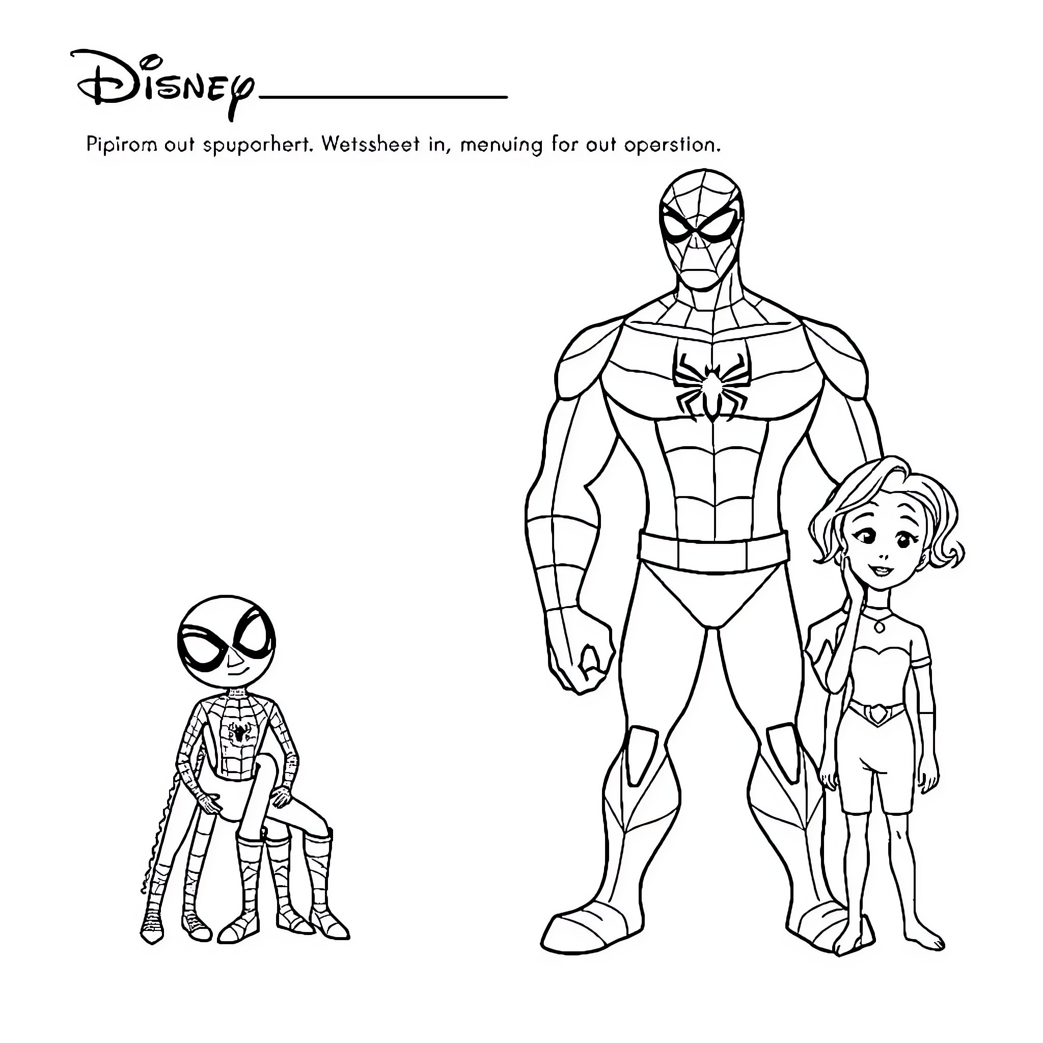 Disney Character Superheroes in Action Poses Coloring Page (free black-and-white line drawing printable PDF for all, from beginners to advanced learners, including children, teens, adults, and seniors)