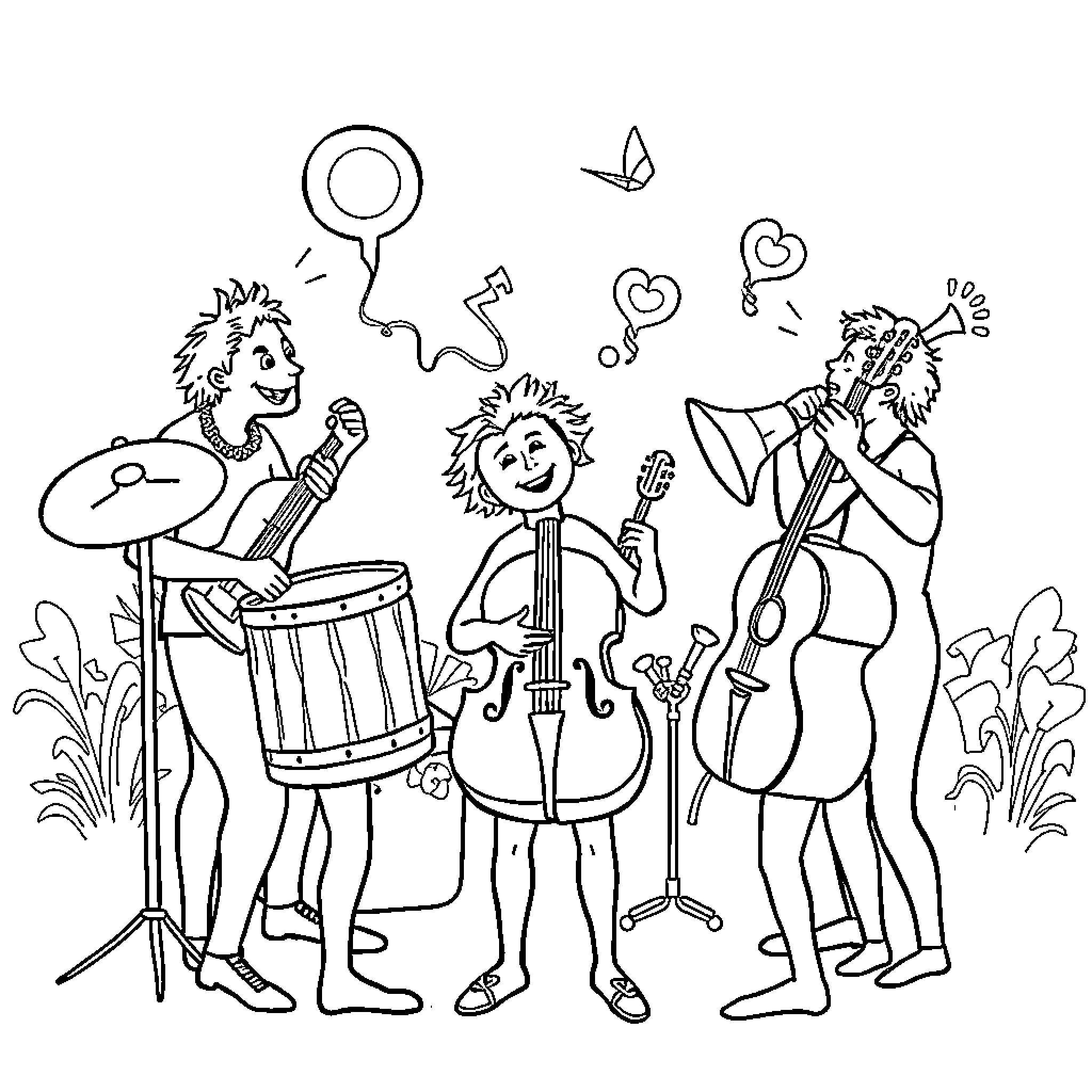 Musical Instrument Ensemble Performance in Outdoor Setting Coloring Page (free black-and-white line drawing printable PDF for all, from beginners to advanced learners, including children, teens, adults, and seniors)