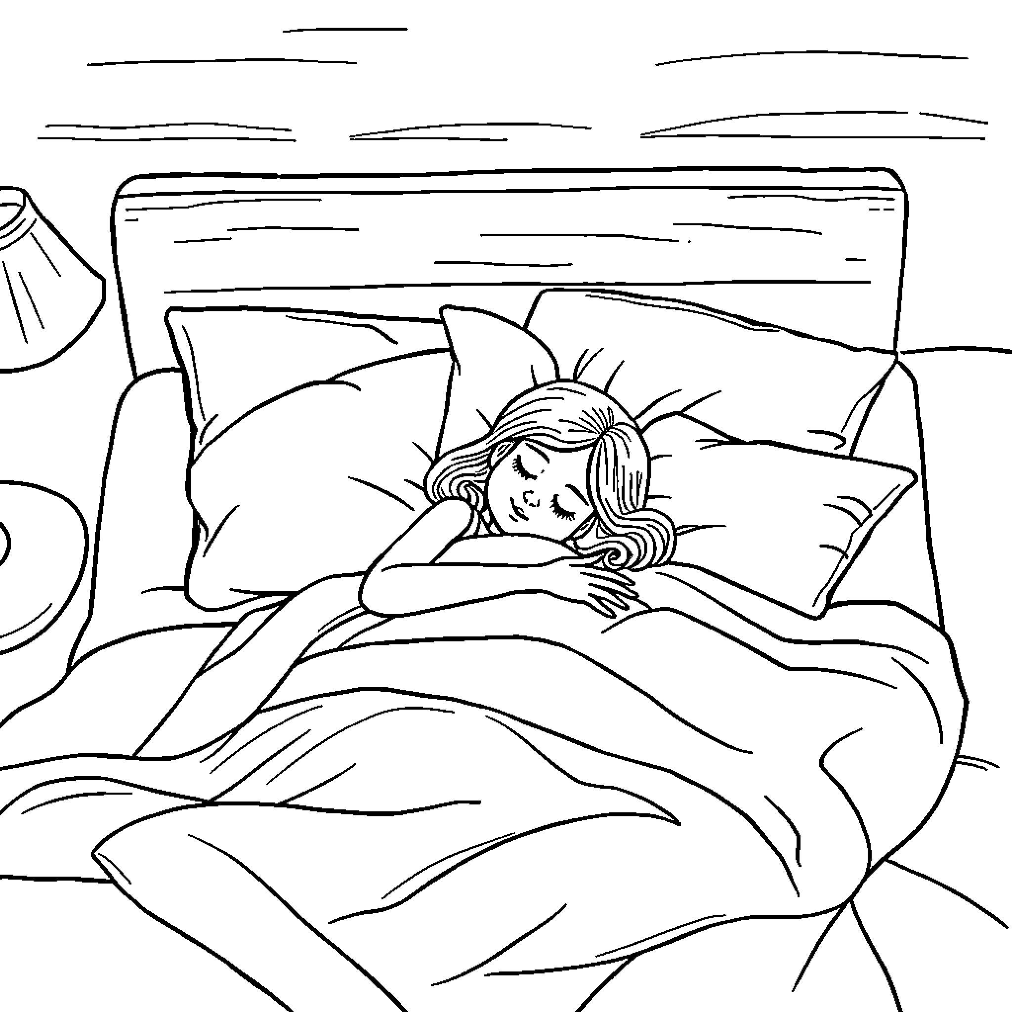 Mommy sleeping peacefully in her bed Coloring Page (free black-and-white line drawing printable PDF for all, from beginners to advanced learners, including children, teens, adults, and seniors)
