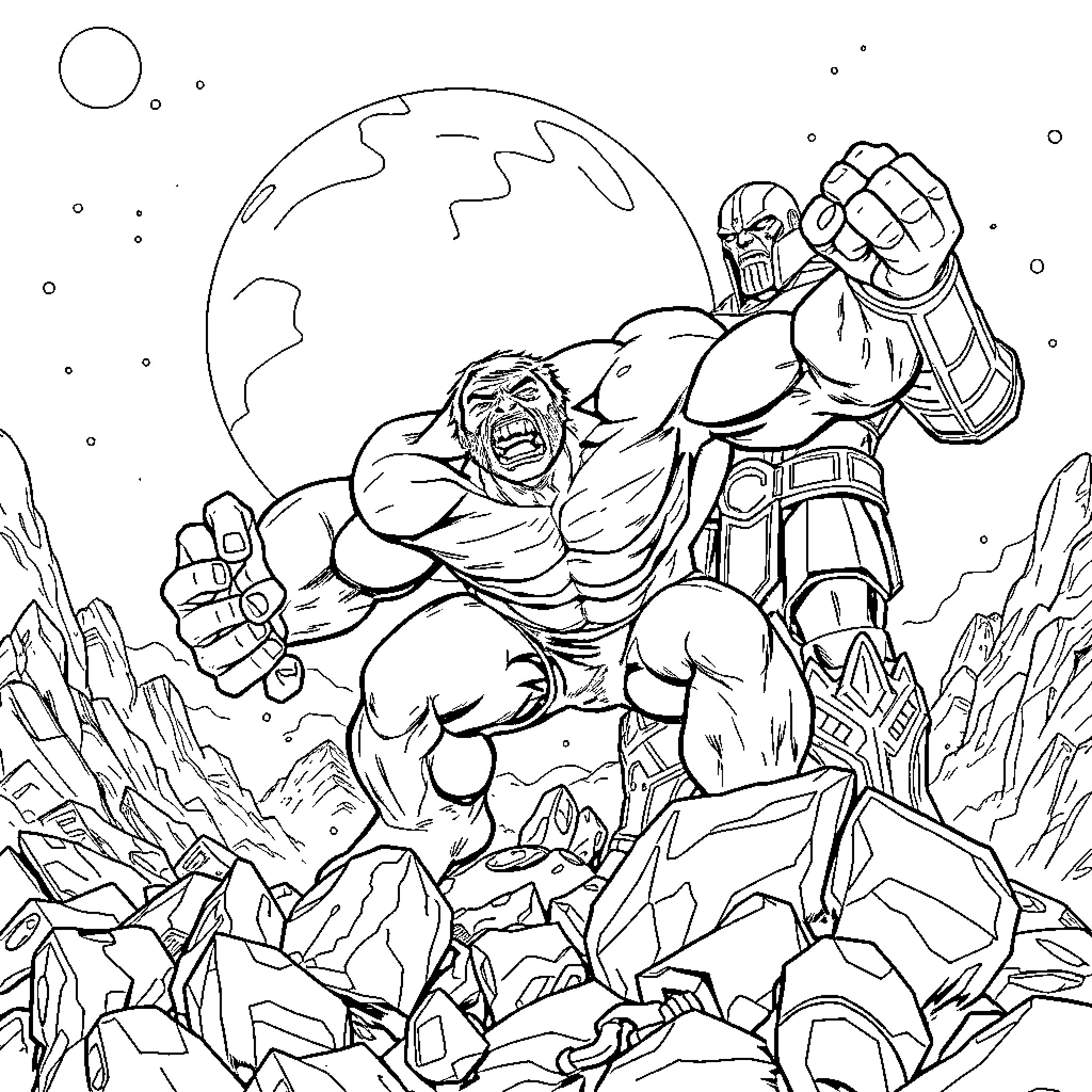 Hulk Smashes Through Alien Landscape Coloring Page (free black-and-white line drawing printable PDF for all, from beginners to advanced learners, including children, teens, adults, and seniors)