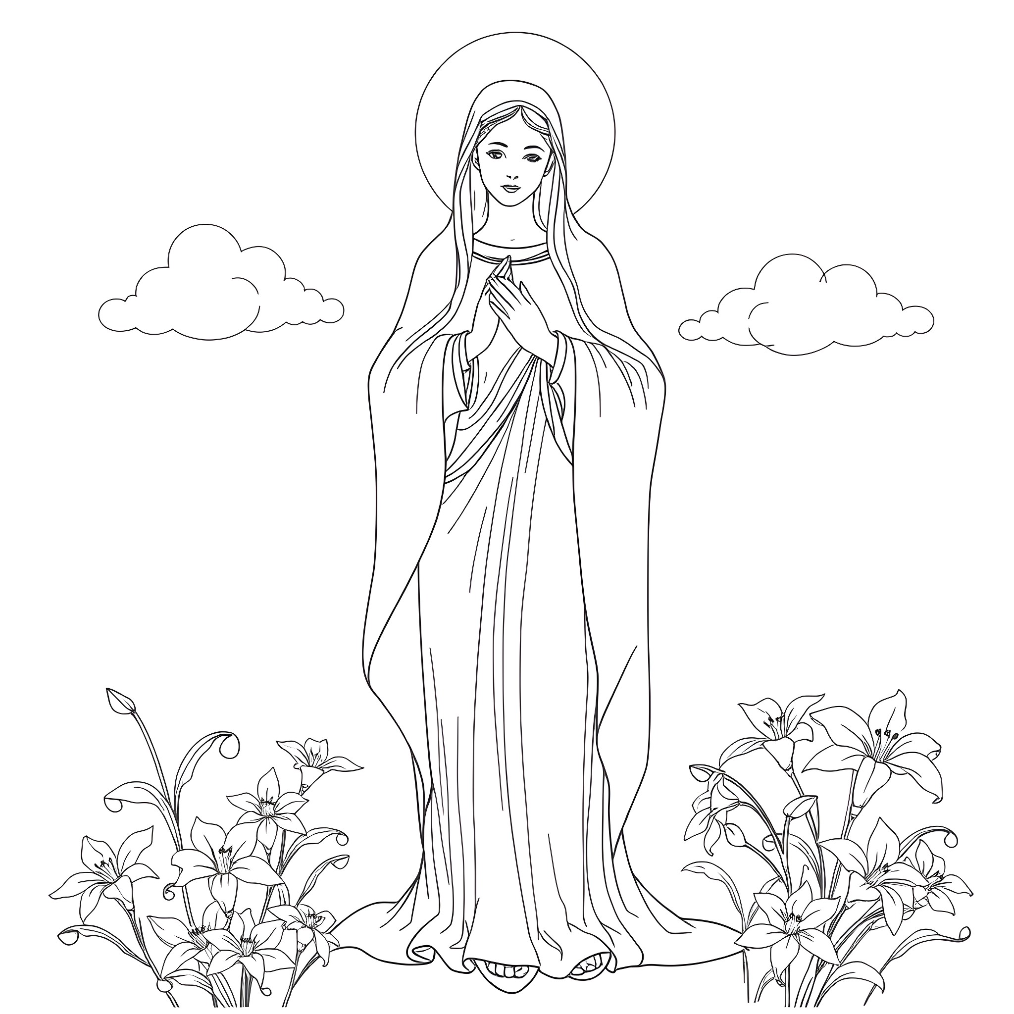 Virgin Mary praying amid floral landscape Coloring Page (free black-and-white line drawing printable PDF for all, from beginners to advanced learners, including children, teens, adults, and seniors)