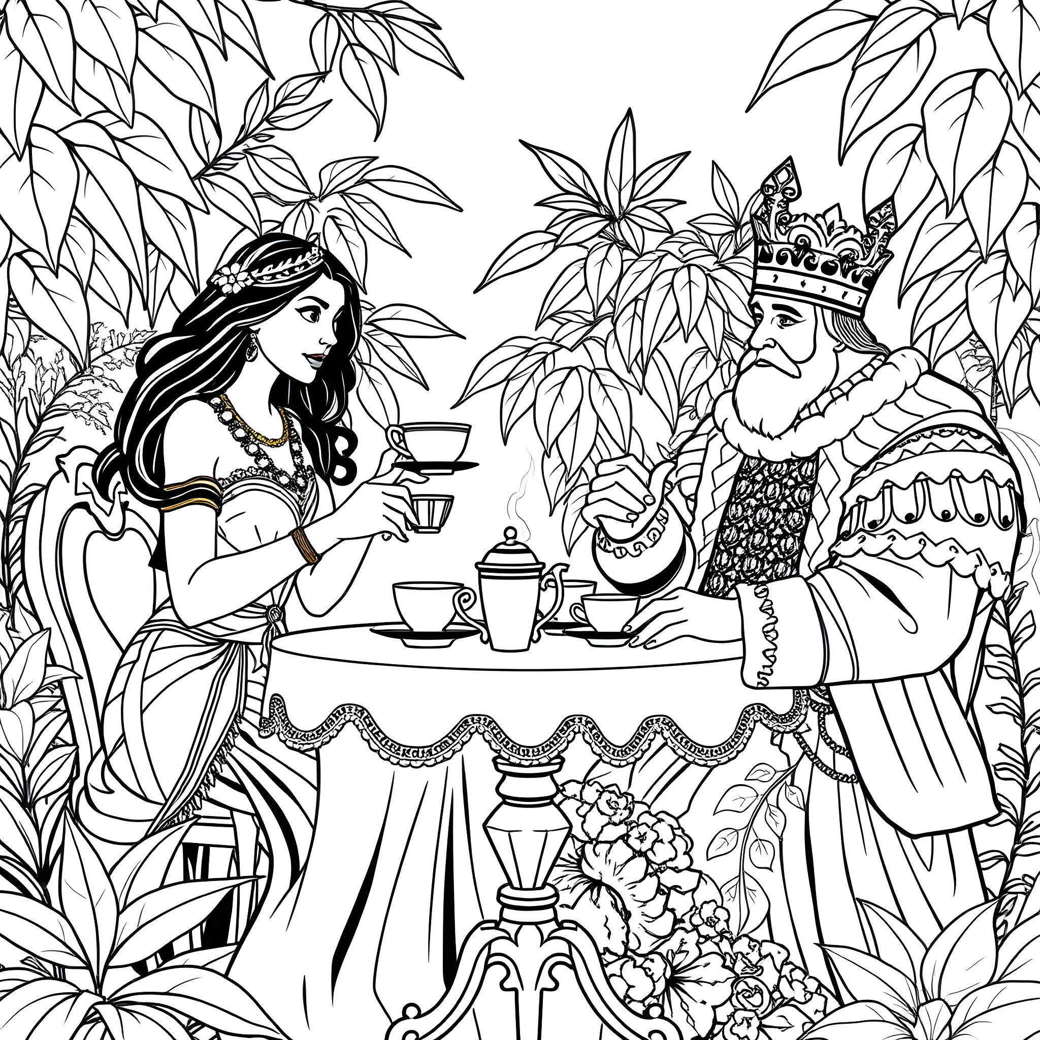 Pocahontas and a Native American Chief sharing tea in a lush forest Coloring Page (free black-and-white line drawing printable PDF for all, from beginners to advanced learners, including children, teens, adults, and seniors)