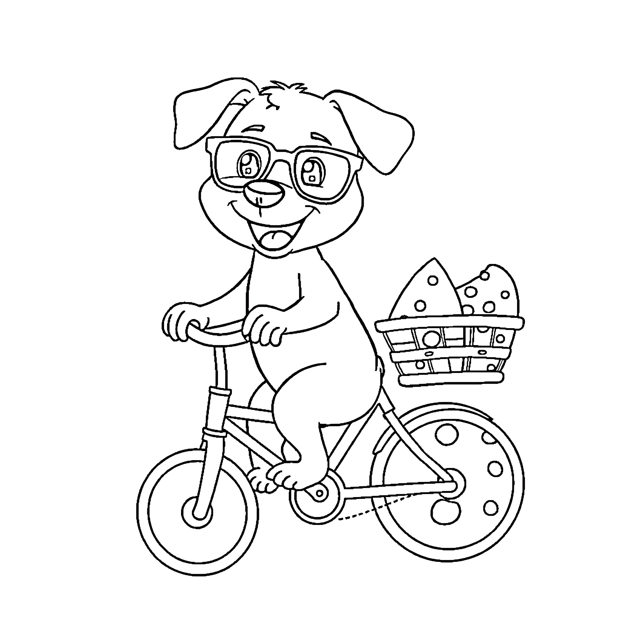 Dog riding bicycle with basket Coloring Page (free black-and-white line drawing printable PDF for all, from beginners to advanced learners, including children, teens, adults, and seniors)