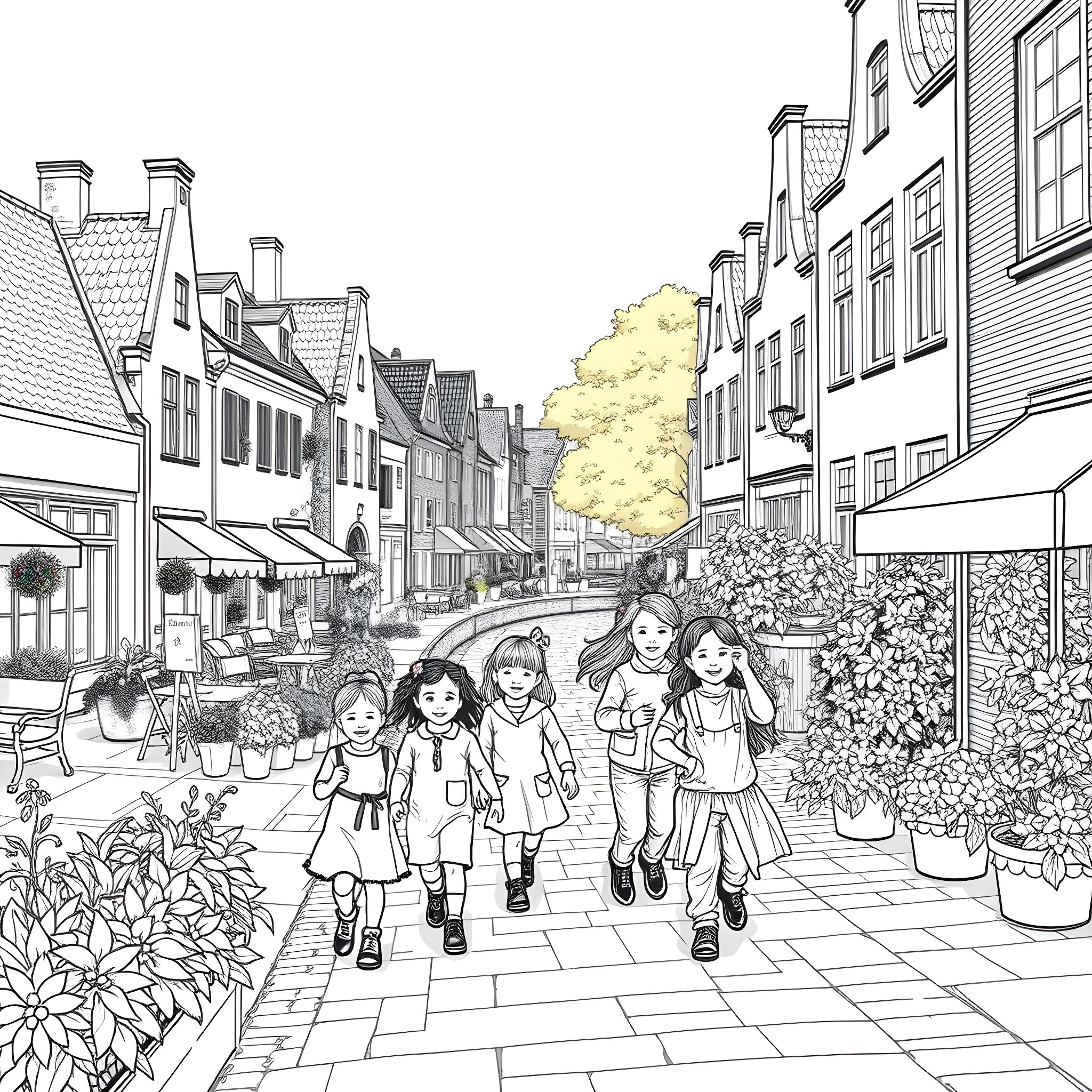 Children exploring the charming town streets Coloring Page (free black-and-white line drawing printable PDF for all, from beginners to advanced learners, including children, teens, adults, and seniors)
