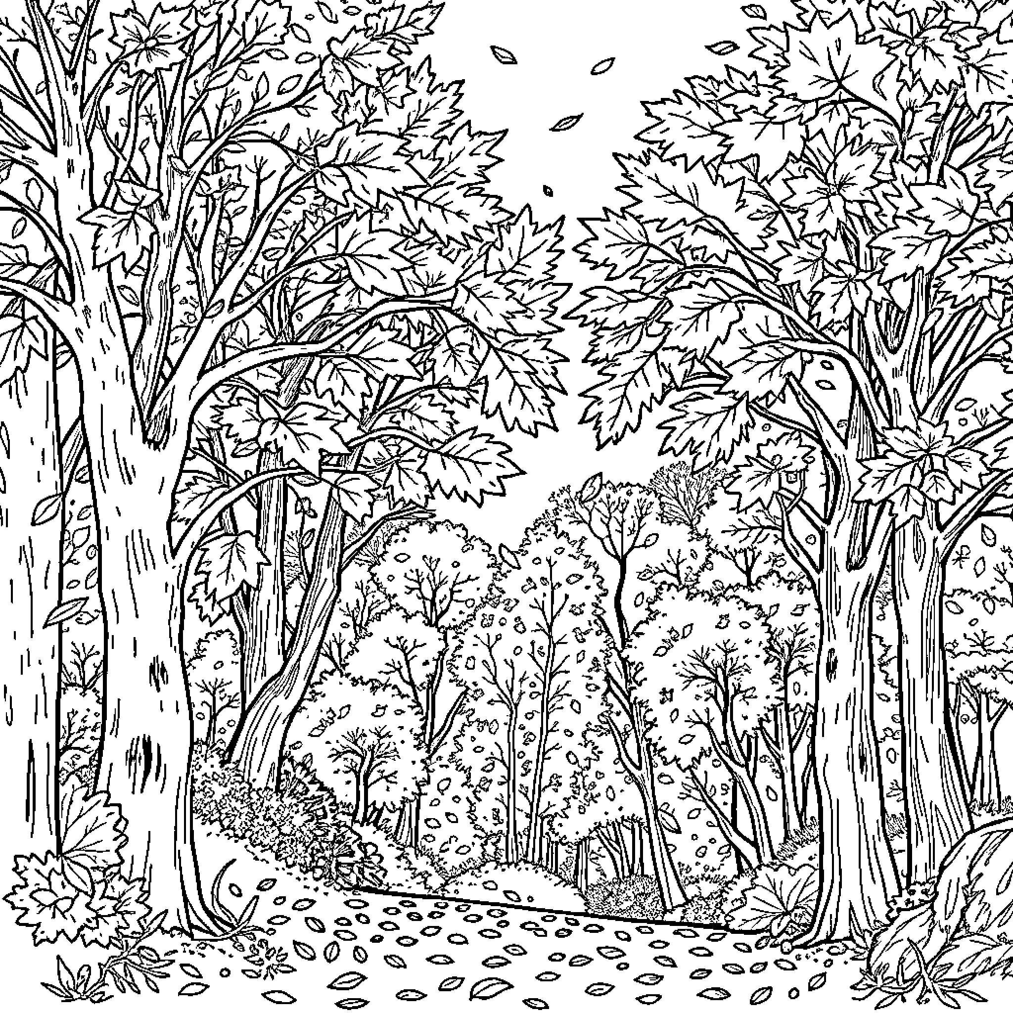 Autumn Woodland Scene with Falling Leaves Coloring Page (free black-and-white line drawing printable PDF for all, from beginners to advanced learners, including children, teens, adults, and seniors)