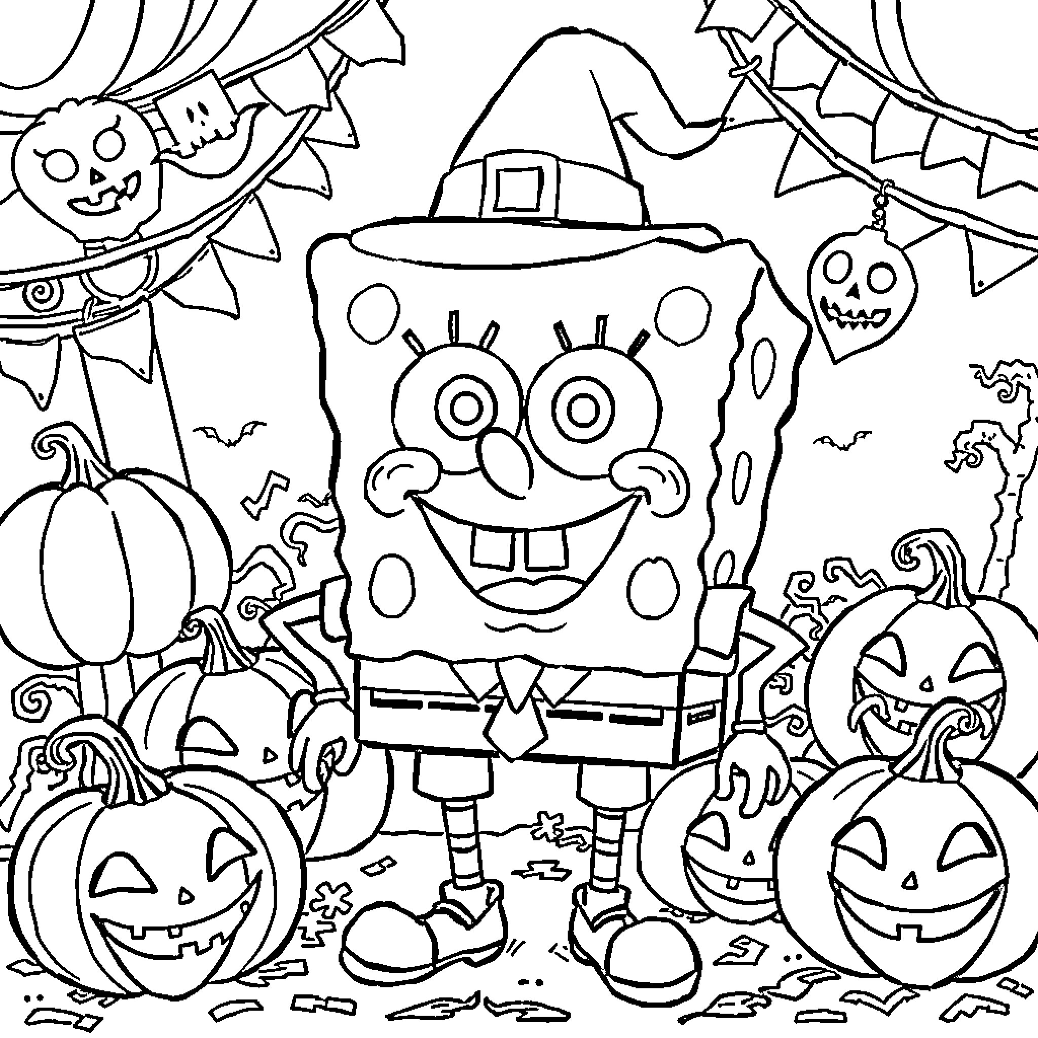 Spongebob's Spooky Halloween Adventure Coloring Page (free black-and-white line drawing printable PDF for all, from beginners to advanced learners, including children, teens, adults, and seniors)