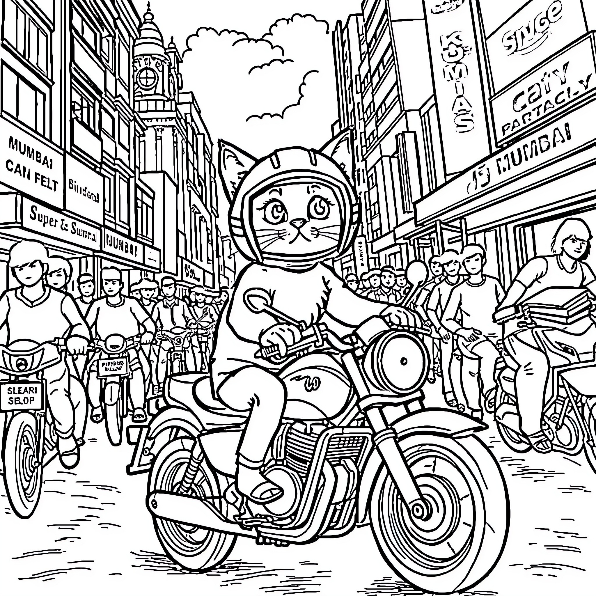 Cat riding motorcycle in crowded city street Coloring Page (free black-and-white line drawing printable PDF for all, from beginners to advanced learners, including children, teens, adults, and seniors)