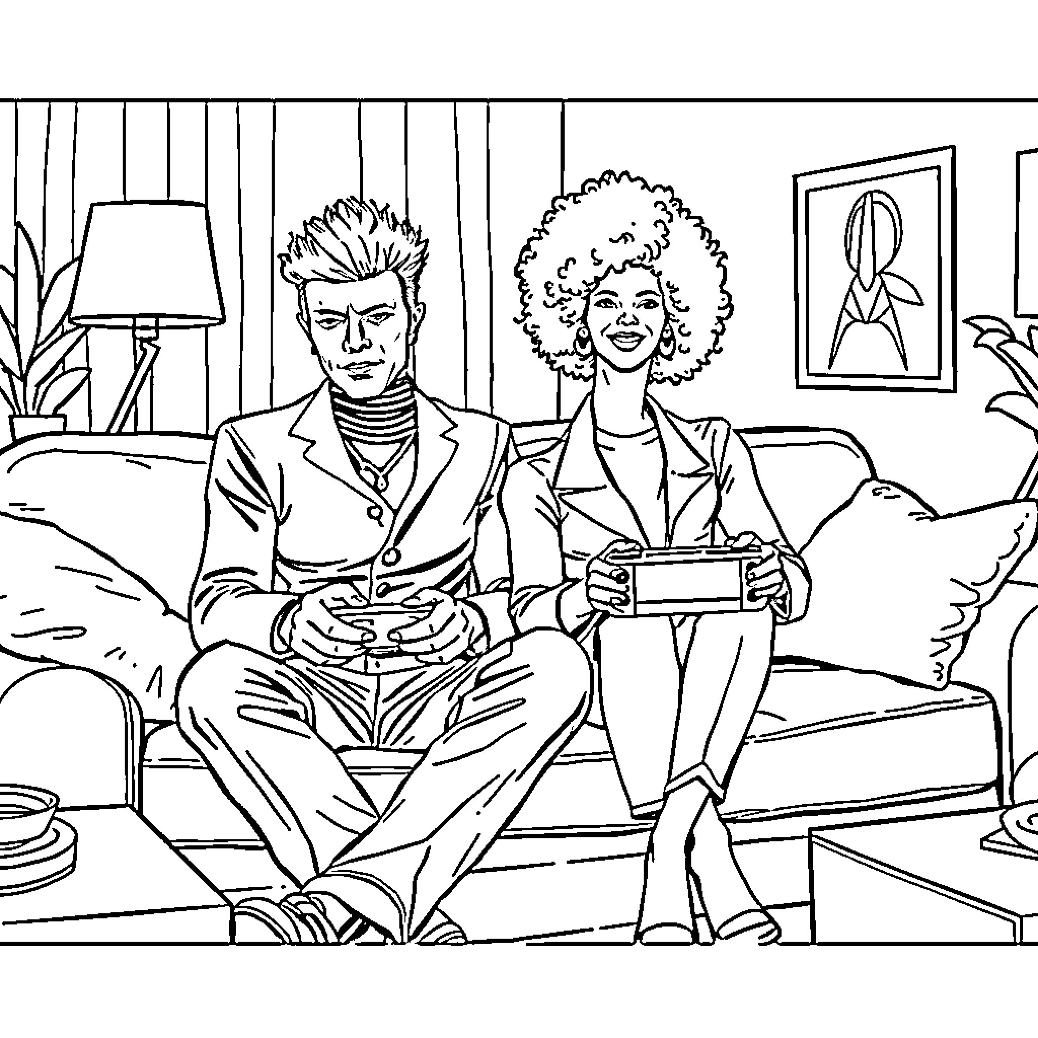David Bowie and Iman enjoying a cozy moment at home Coloring Page (free black-and-white line drawing printable PDF for all, from beginners to advanced learners, including children, teens, adults, and seniors)