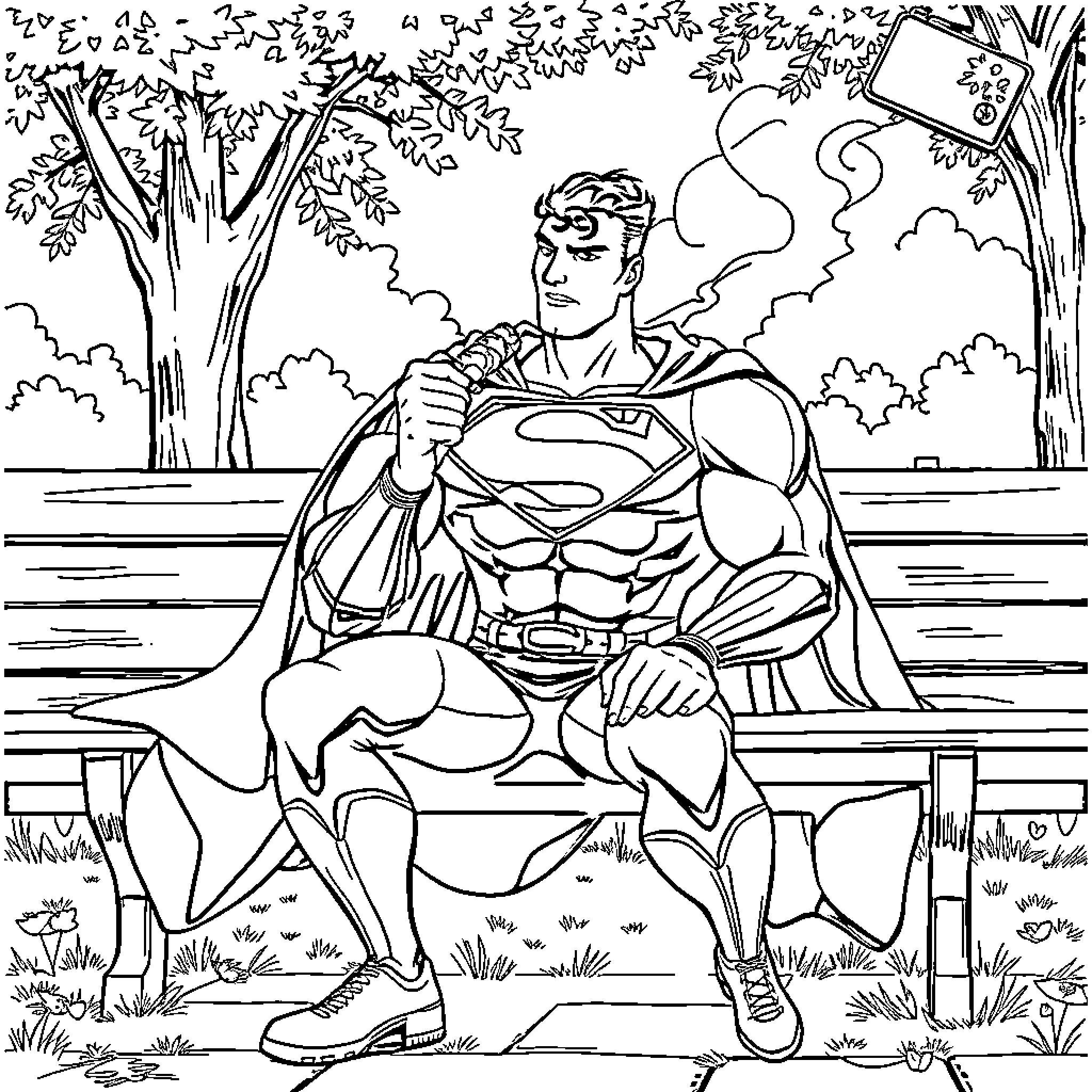 Superman relaxing in nature's embrace Coloring Page (free black-and-white line drawing printable PDF for all, from beginners to advanced learners, including children, teens, adults, and seniors)