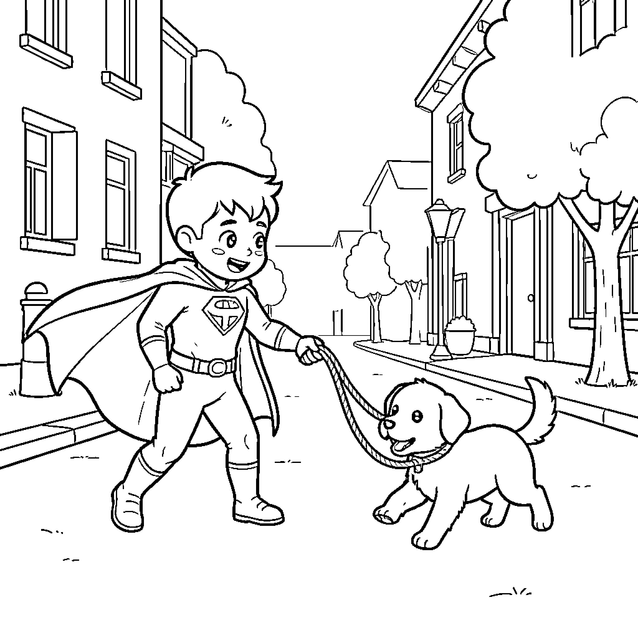 Superhero boy walking a happy puppy through town Coloring Page (free black-and-white line drawing printable PDF for all, from beginners to advanced learners, including children, teens, adults, and seniors)