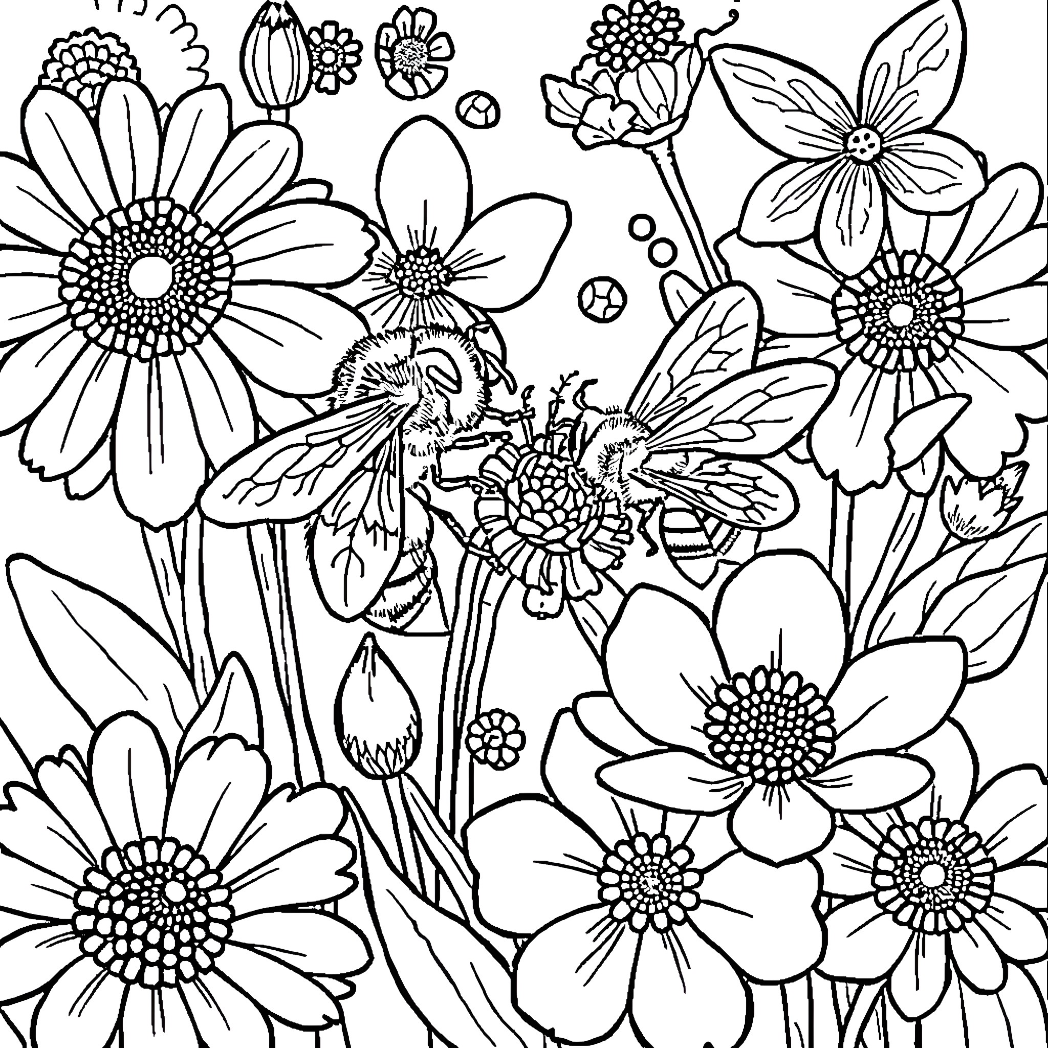 Bee among blooming flowers Coloring Page (free black-and-white line drawing printable PDF for all, from beginners to advanced learners, including children, teens, adults, and seniors)