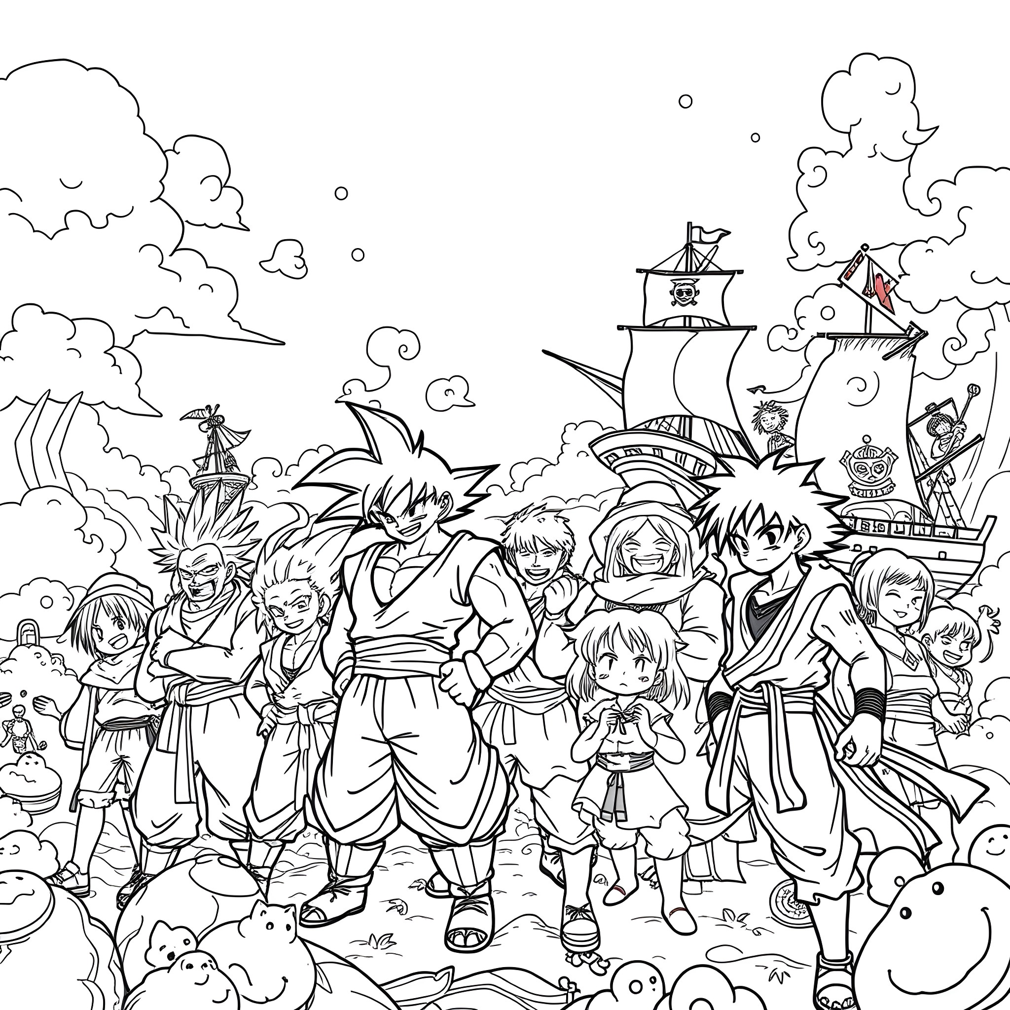 Dragonballz Characters in Epic Adventure Scene Coloring Page (free black-and-white line drawing printable PDF for all, from beginners to advanced learners, including children, teens, adults, and seniors)