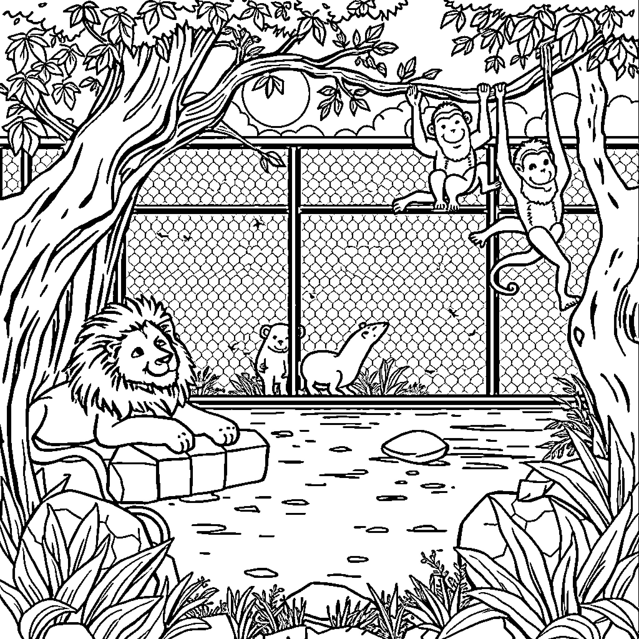 Animals enjoying the natural habitat Coloring Page (free black-and-white line drawing printable PDF for all, from beginners to advanced learners, including children, teens, adults, and seniors)