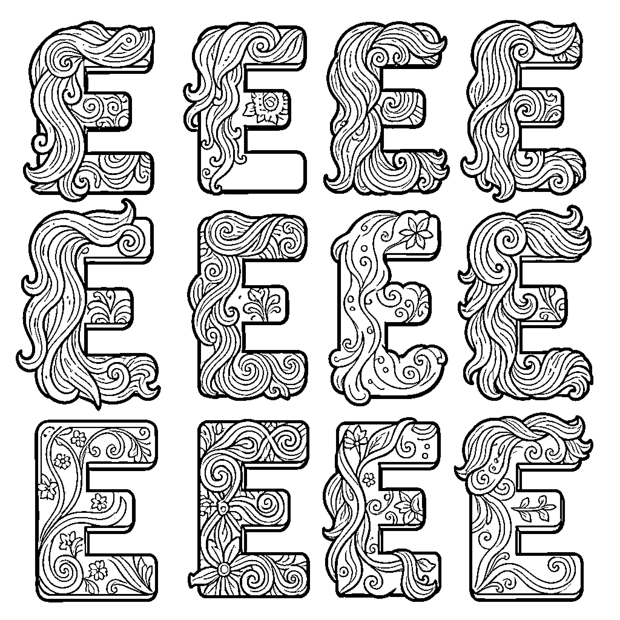 Letter E Designs with Ornamental Patterns Coloring Page (free black-and-white line drawing printable PDF for all, from beginners to advanced learners, including children, teens, adults, and seniors)