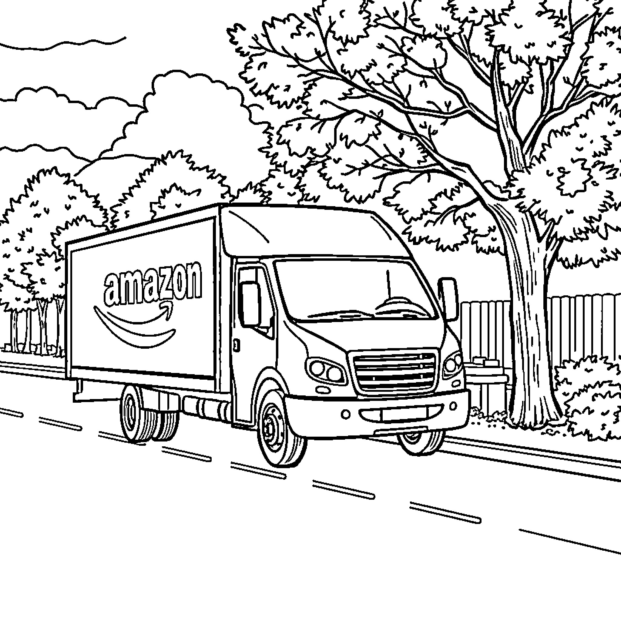 Truck delivering packages on the road Coloring Page (free black-and-white line drawing printable PDF for all, from beginners to advanced learners, including children, teens, adults, and seniors)