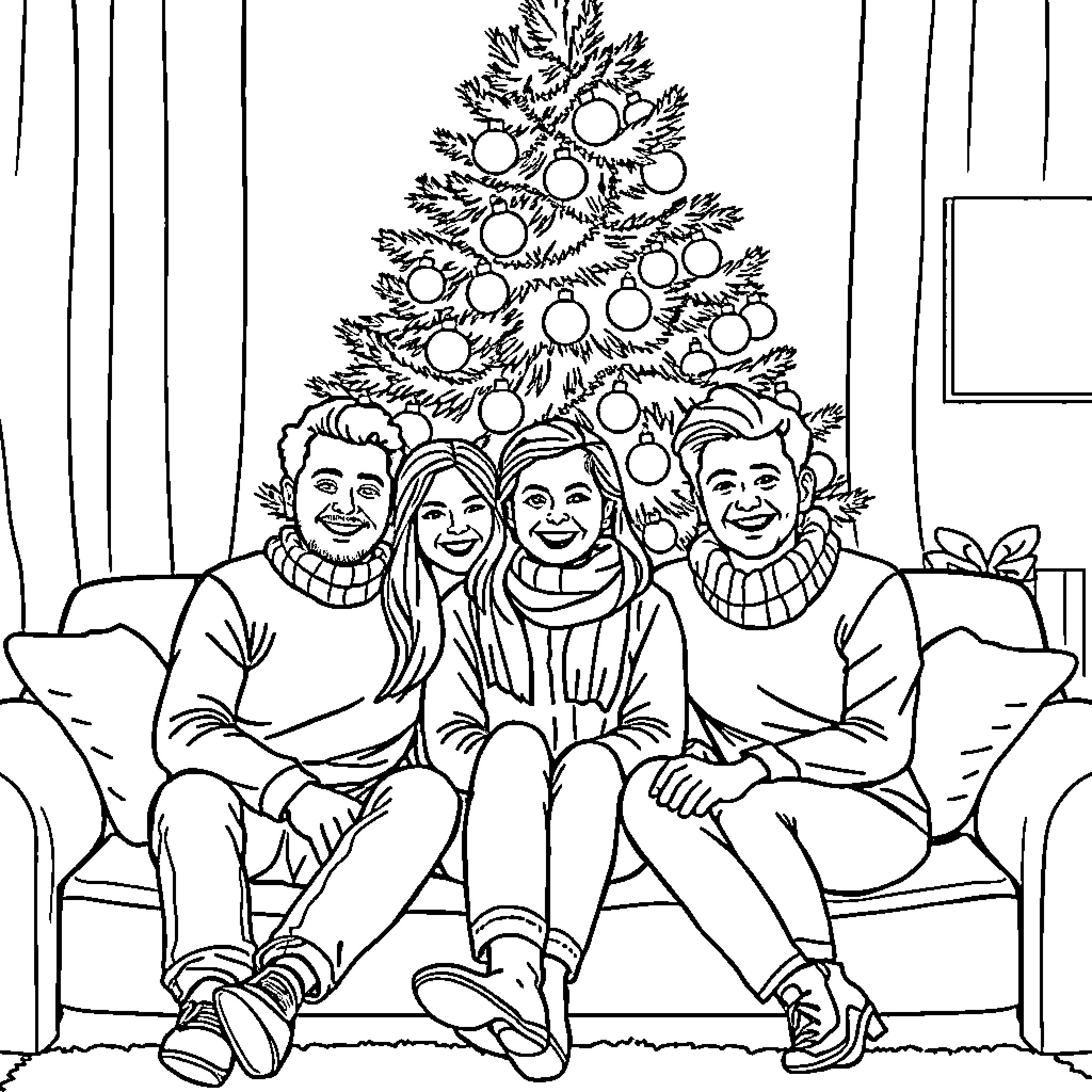 People posing together in front of Christmas tree Coloring Page (free black-and-white line drawing printable PDF for all, from beginners to advanced learners, including children, teens, adults, and seniors)