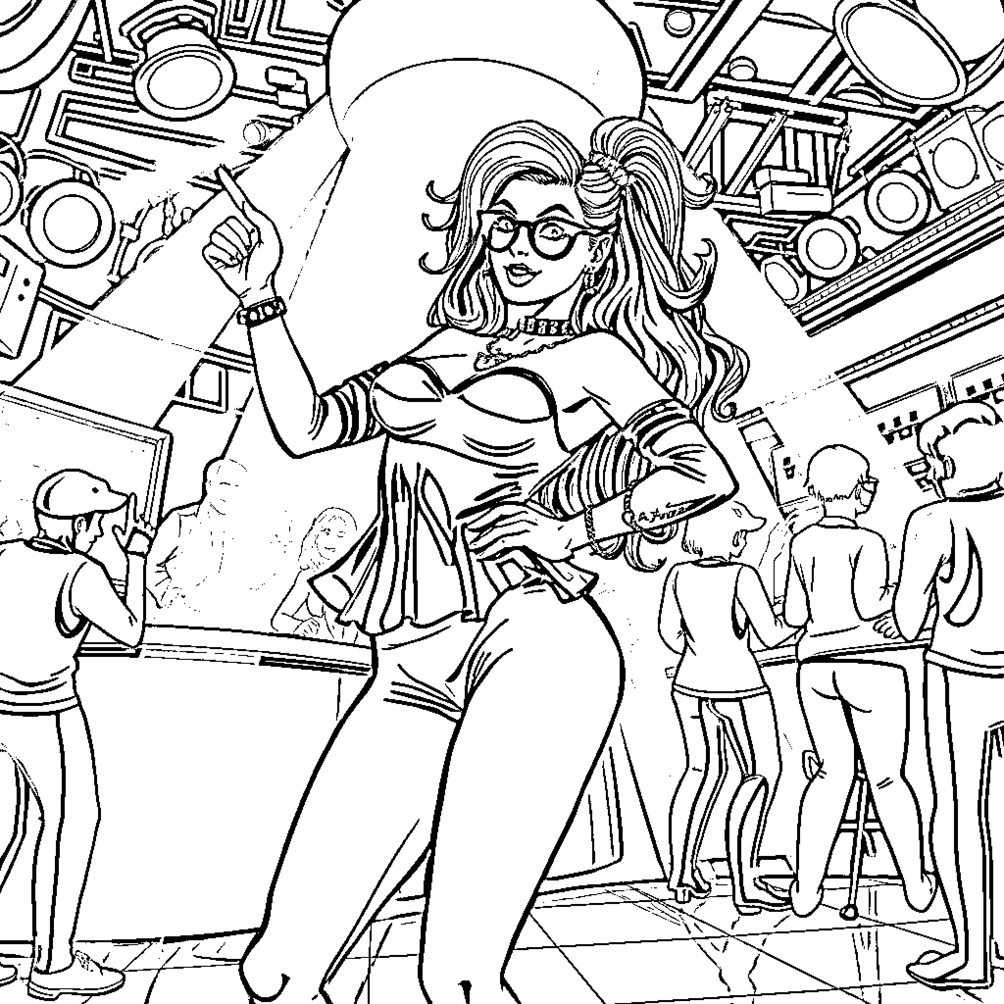 Baddie Unleashes Confidence in Vibrant Nightclub Scene Coloring Page (free black-and-white line drawing printable PDF for all, from beginners to advanced learners, including children, teens, adults, and seniors)