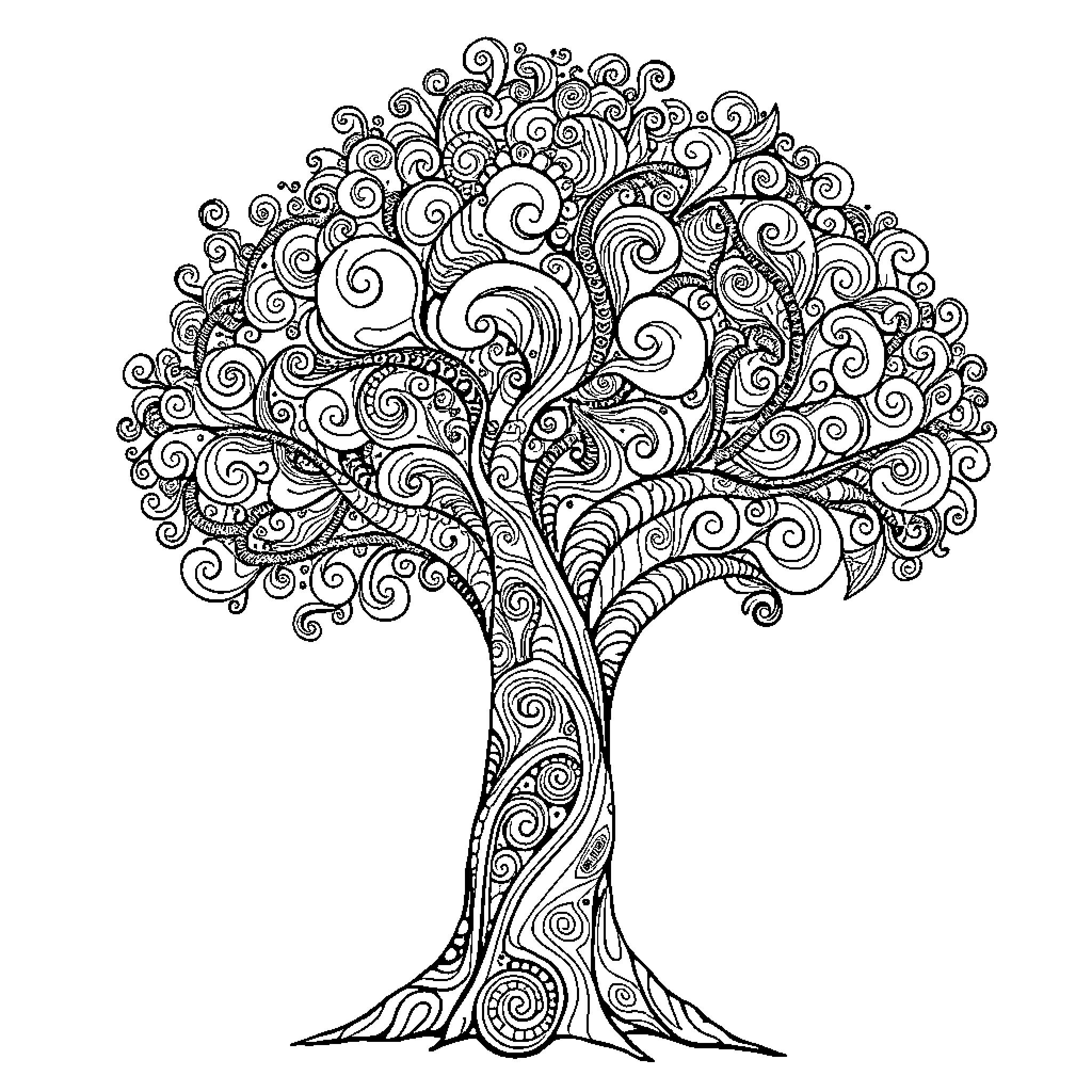 Tree of Whimsical Swirls and Patterns Coloring Page (free black-and-white line drawing printable PDF for all, from beginners to advanced learners, including children, teens, adults, and seniors)