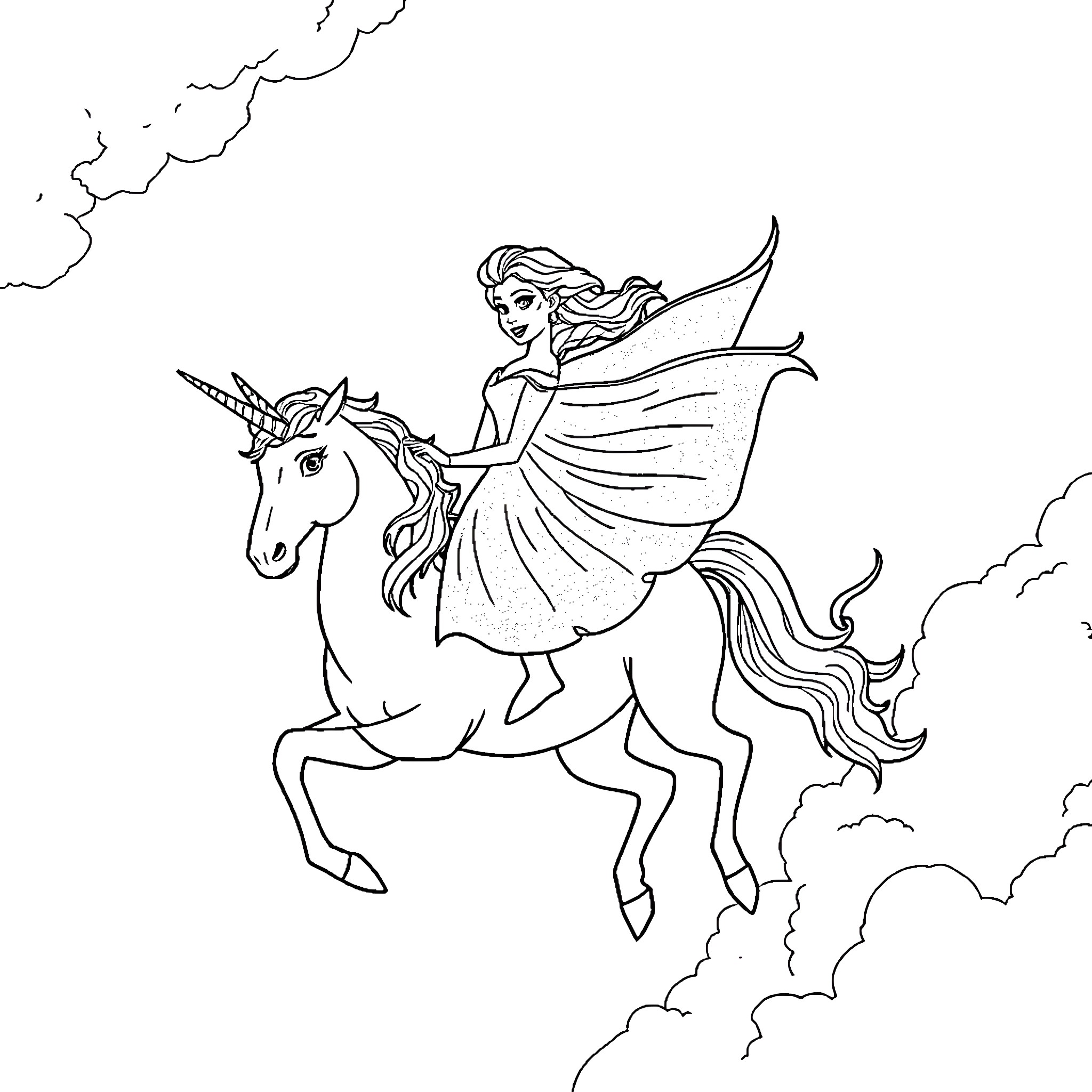 Elsa riding a magical unicorn in the clouds Coloring Page (free black-and-white line drawing printable PDF for all, from beginners to advanced learners, including children, teens, adults, and seniors)