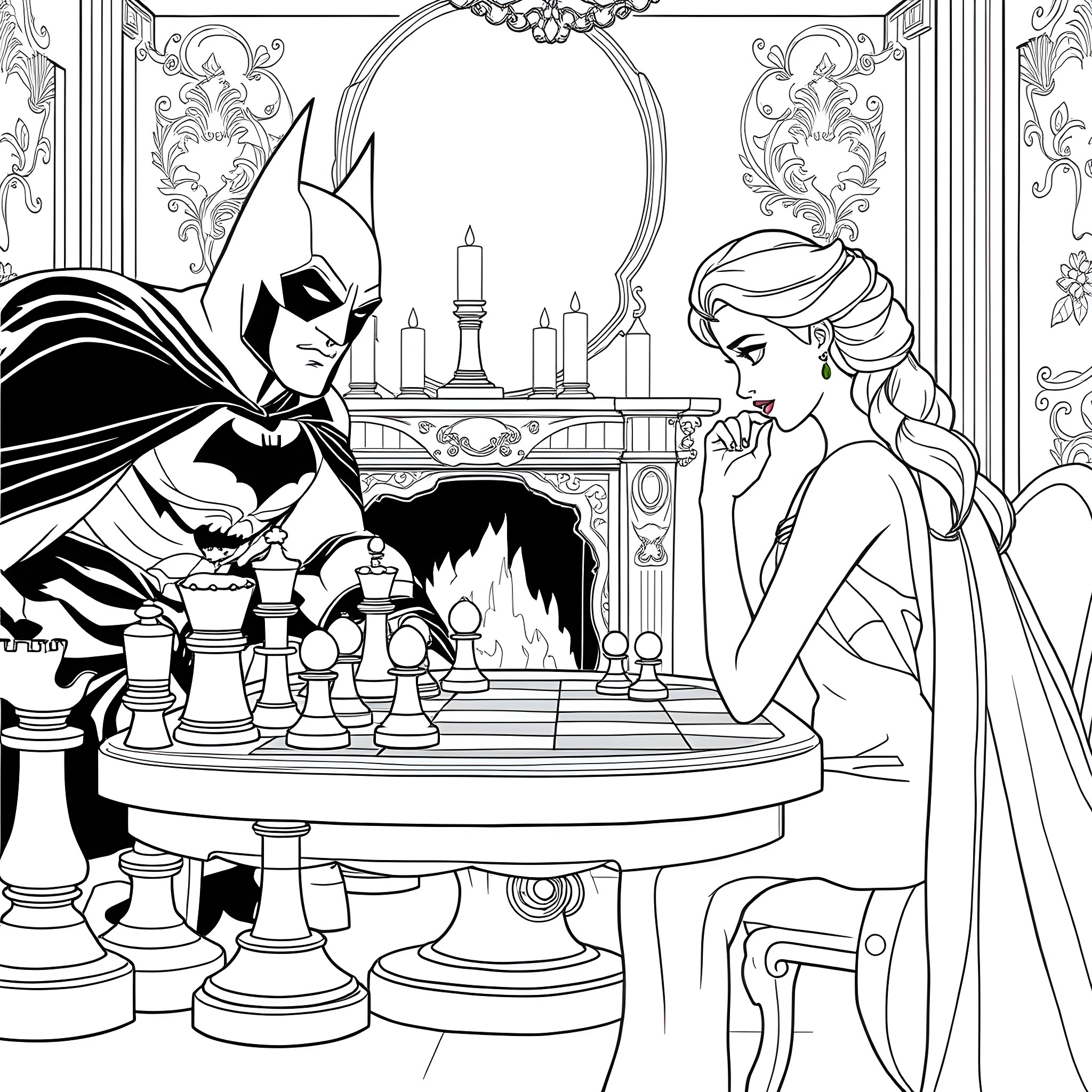 Elsa and Batman playing chess in a royal palace Coloring Page (free black-and-white line drawing printable PDF for all, from beginners to advanced learners, including children, teens, adults, and seniors)